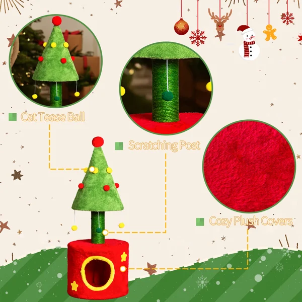 30in Cat Scratching Post with Cat House for Indoor Kitten, Small Cat Tree Tower with Sisal Post and Cute Hanging Balls, Red & Green view 3