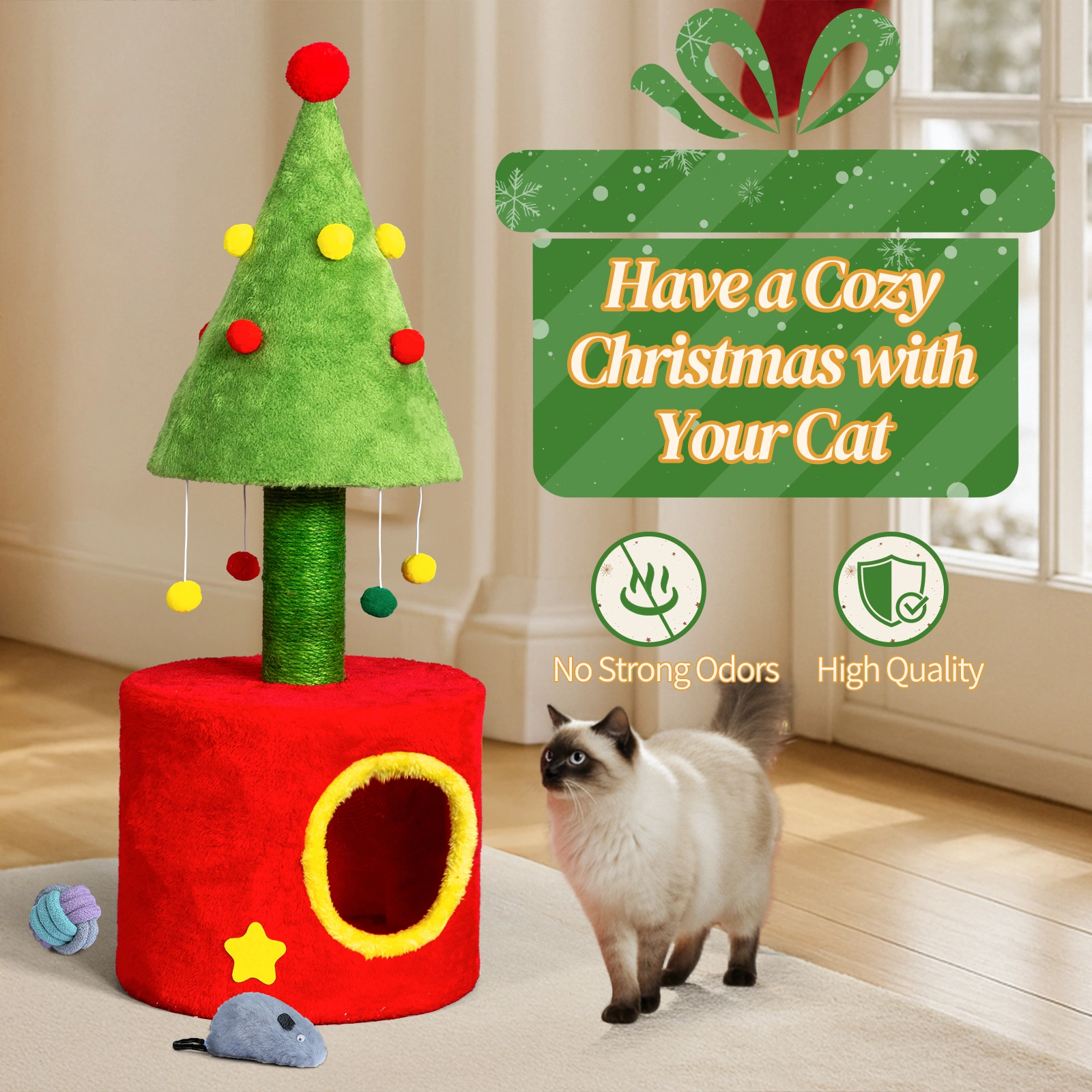 30in Cat Scratching Post with Cat House for Indoor Kitten, Small Cat Tree Tower with Sisal Post and Cute Hanging Balls, Red & Green view 4