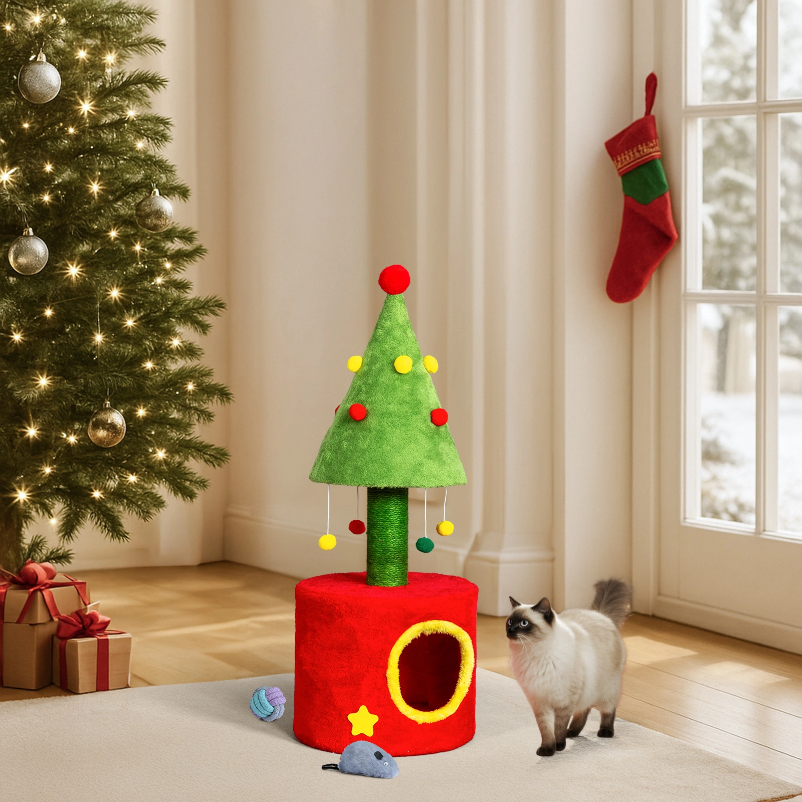 30in Cat Scratching Post with Cat House for Indoor Kitten, Small Cat Tree Tower with Sisal Post and Cute Hanging Balls, Red & Green view 6