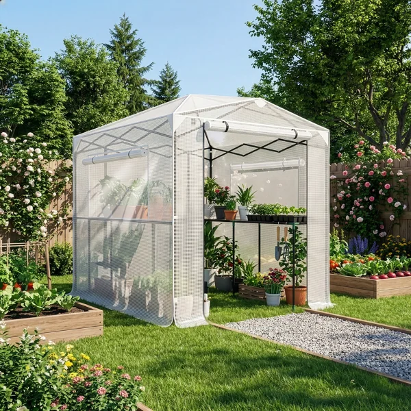 8*6ft Plastic Sprayed Iron Pipe PE Mesh Foldable Greenhouse Shed White view 3