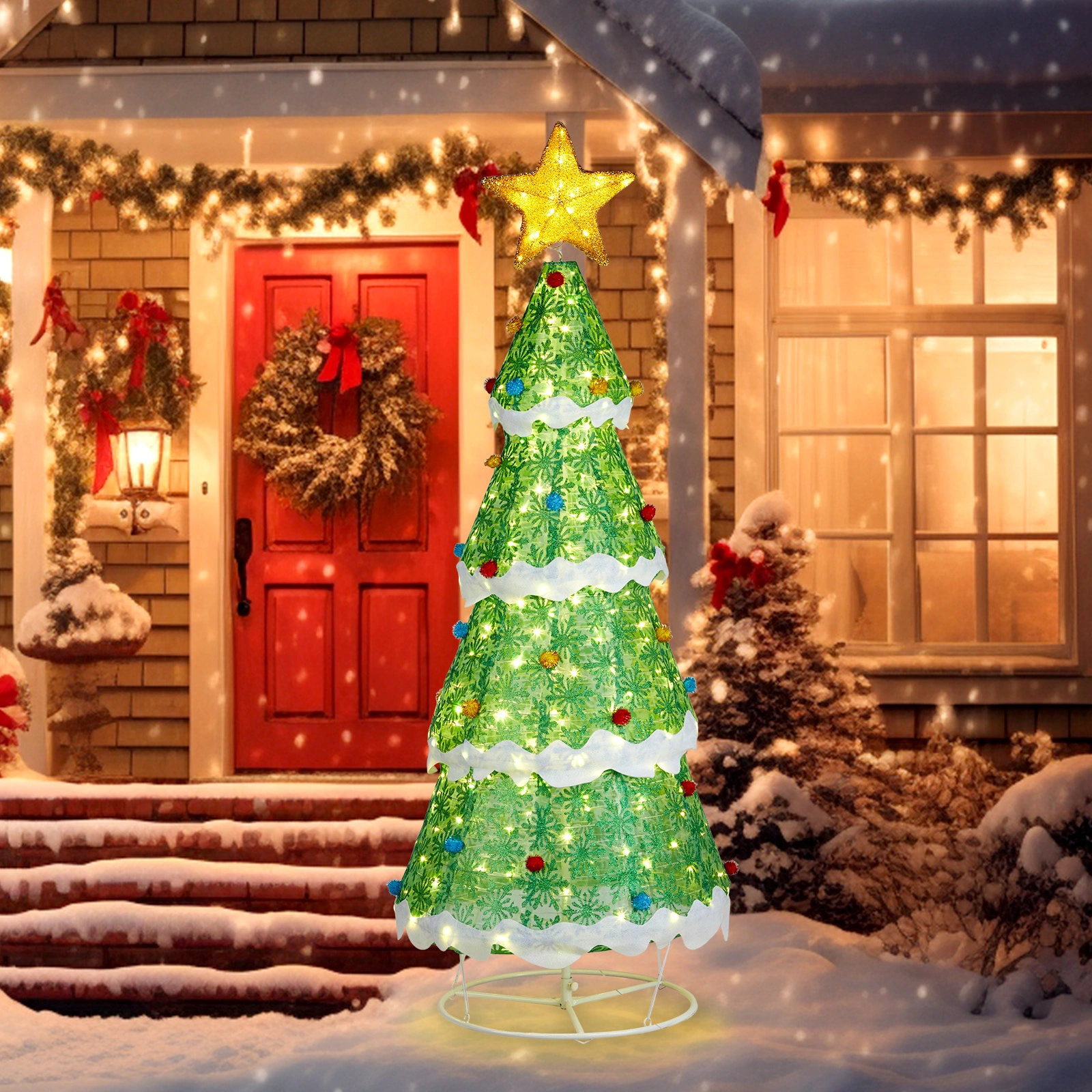 Lighted 6FT Christmas Tree Yard Decor, Pull-Up Tree with 200 LED Warm White Lights, Ropes Stakes, Outdoor Indoor Holiday view 3