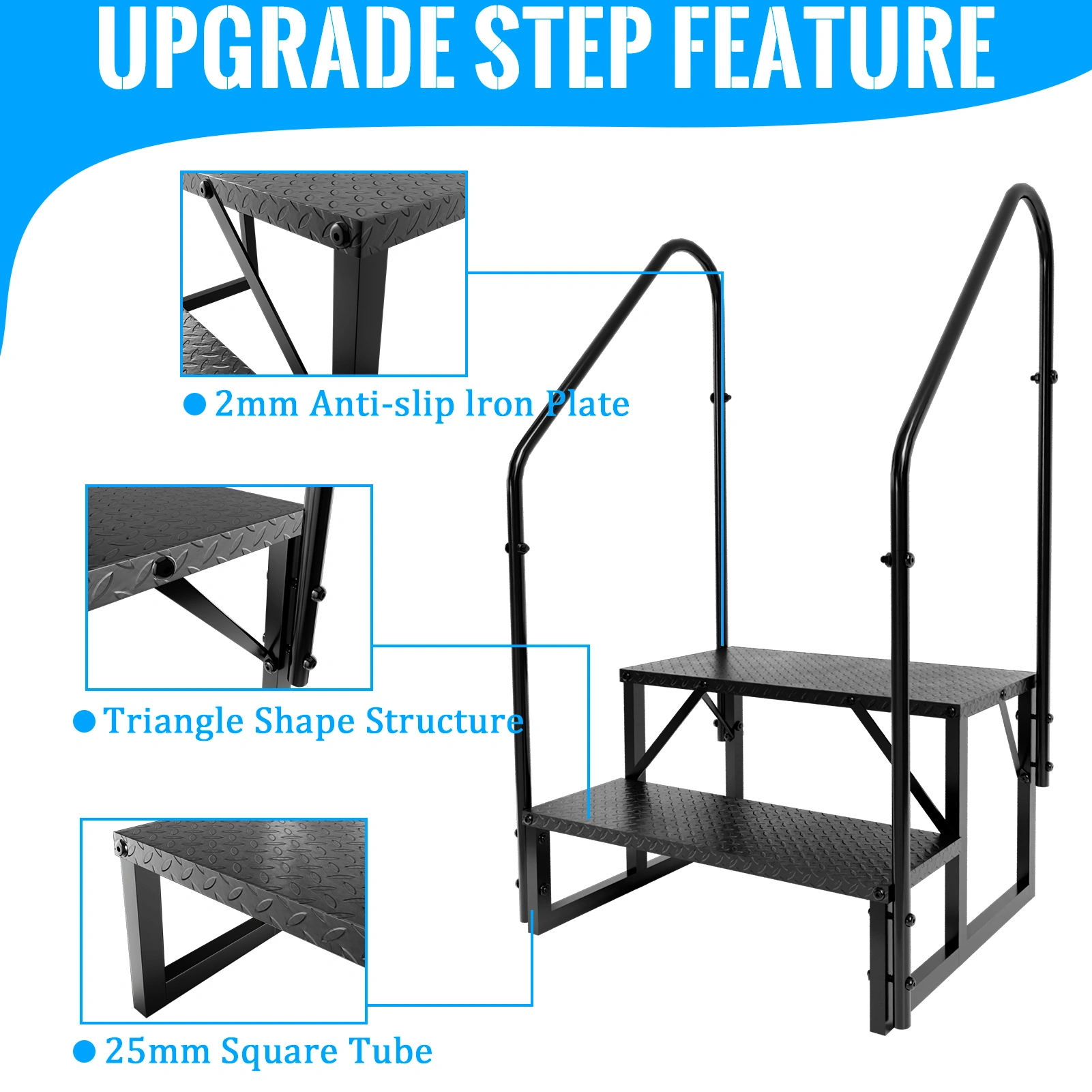Heavy Duty 2 Step Ladder with Handrails RV Steps Hot Tub Stairs for Camper Porch Pool Pet view 3