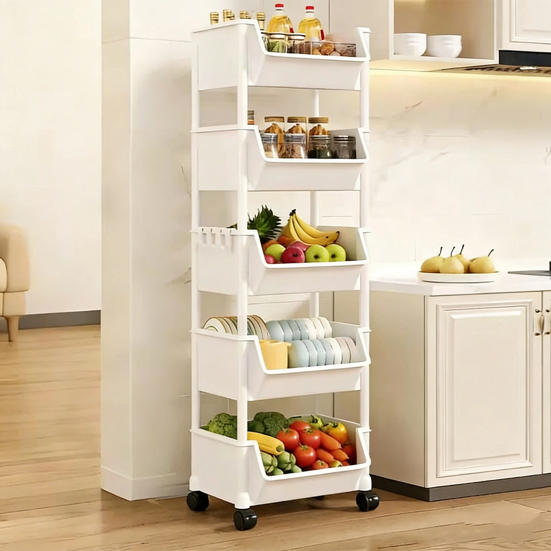5-Tier Storage Trolley Cart on Wheels, Rolling Kitchen Organizer Rack Shelf, White Multi-Purpose Utility Cart for Home Office Bathroom view 2
