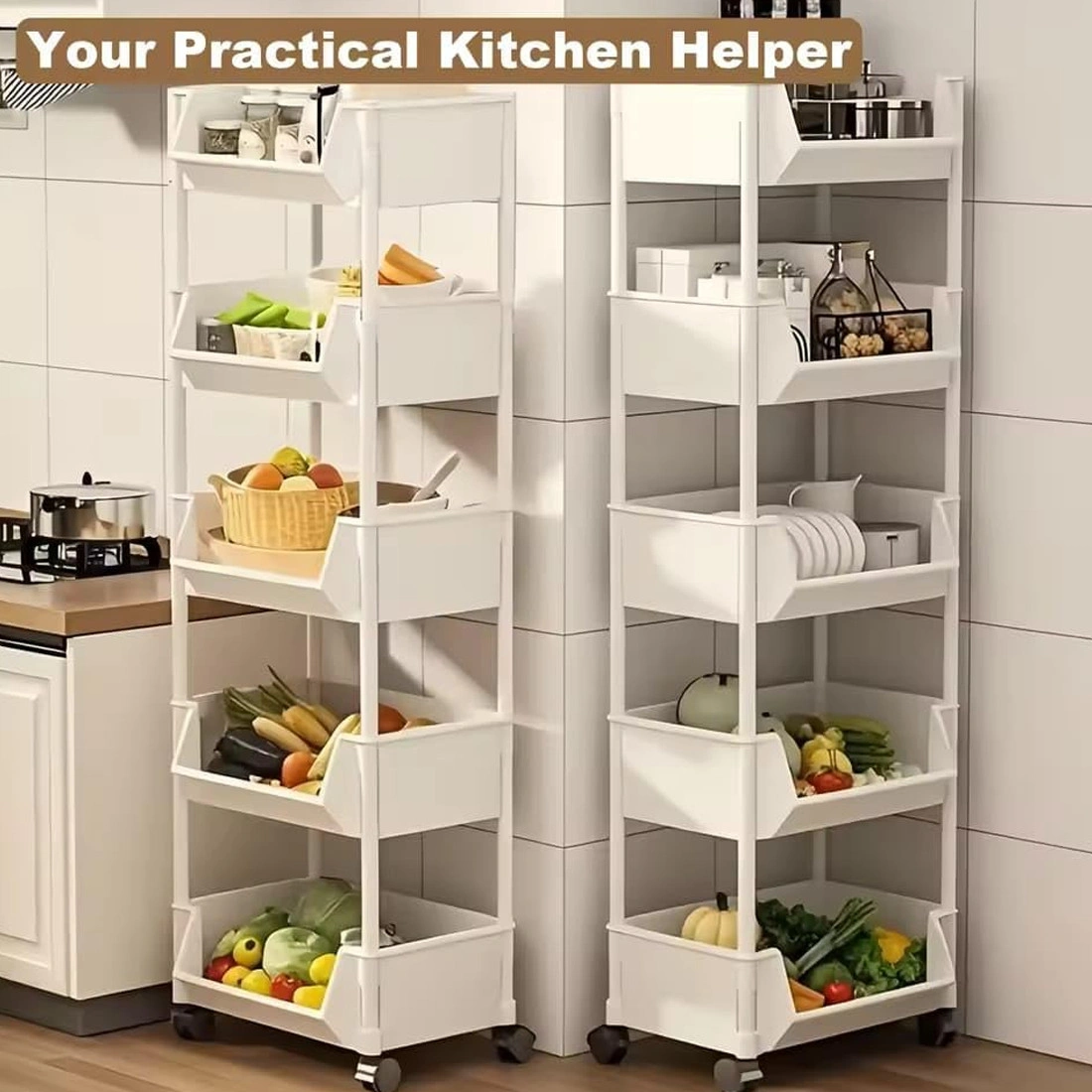 5-Tier Storage Trolley Cart on Wheels, Rolling Kitchen Organizer Rack Shelf, White Multi-Purpose Utility Cart for Home Office Bathroom view 3
