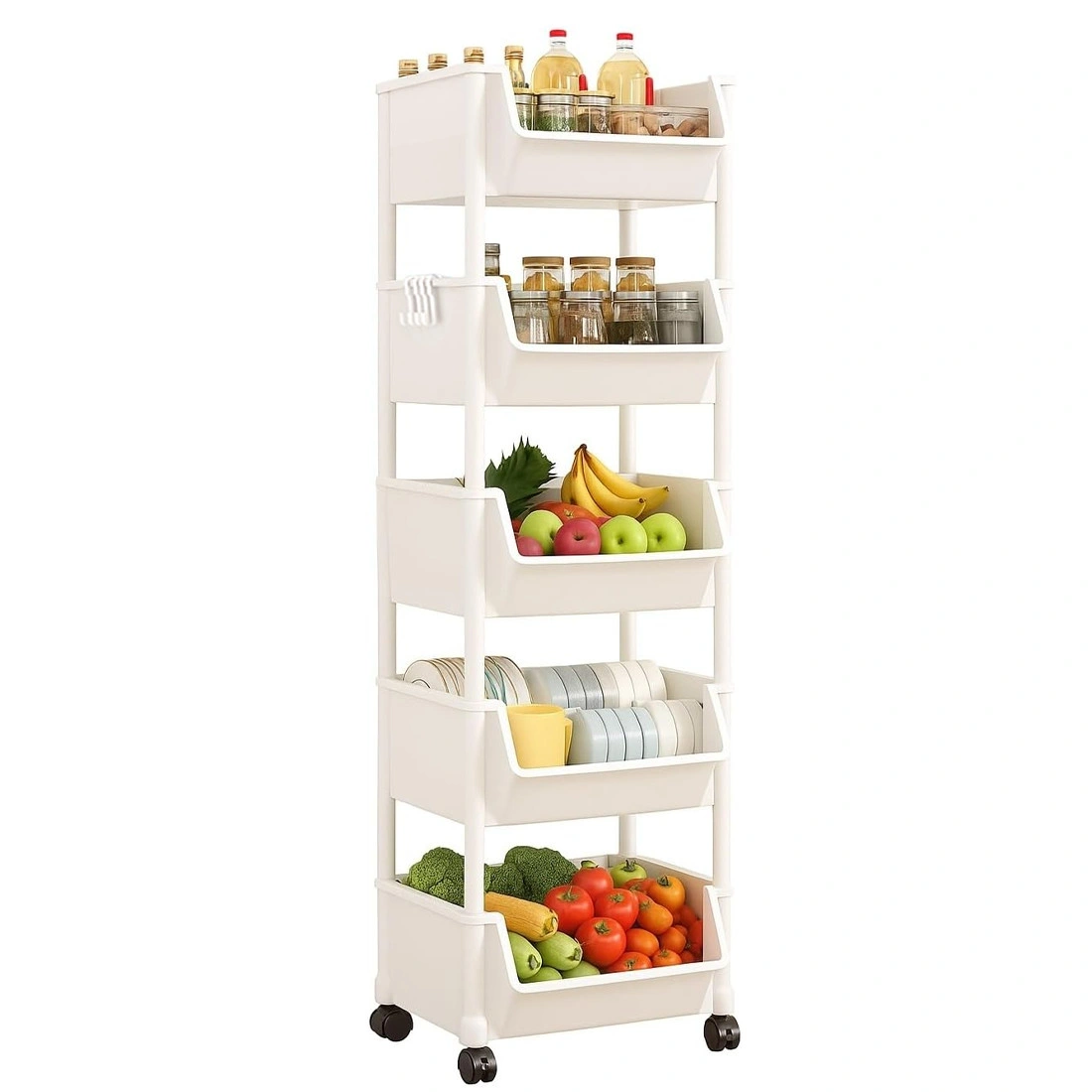 5-Tier Storage Trolley Cart on Wheels, Rolling Kitchen Organizer Rack Shelf, White Multi-Purpose Utility Cart for Home Office Bathroom view 4