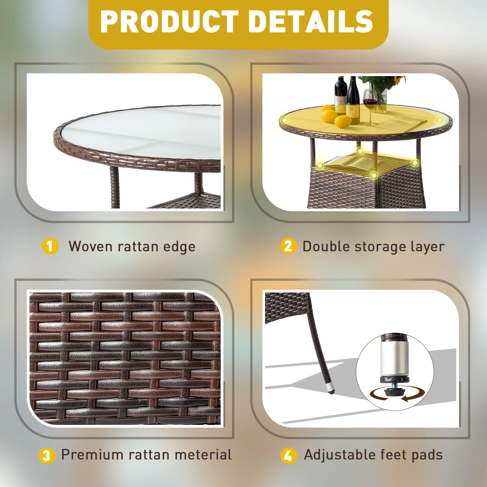 31.5" Patio Table for 4-Person, Outdoor Patio Wicker Round Dining Table, All-Weather Rattan Bistro Dining Table w/Glass Tabletop for Backyard Deck Porch Poolside, Brown view 13