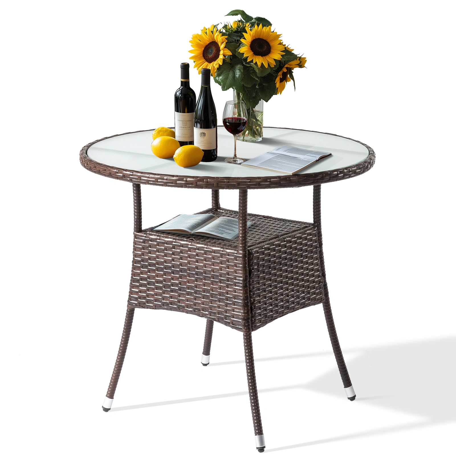 31.5" Patio Table for 4-Person, Outdoor Patio Wicker Round Dining Table, All-Weather Rattan Bistro Dining Table w/Glass Tabletop for Backyard Deck Porch Poolside, Brown view 19