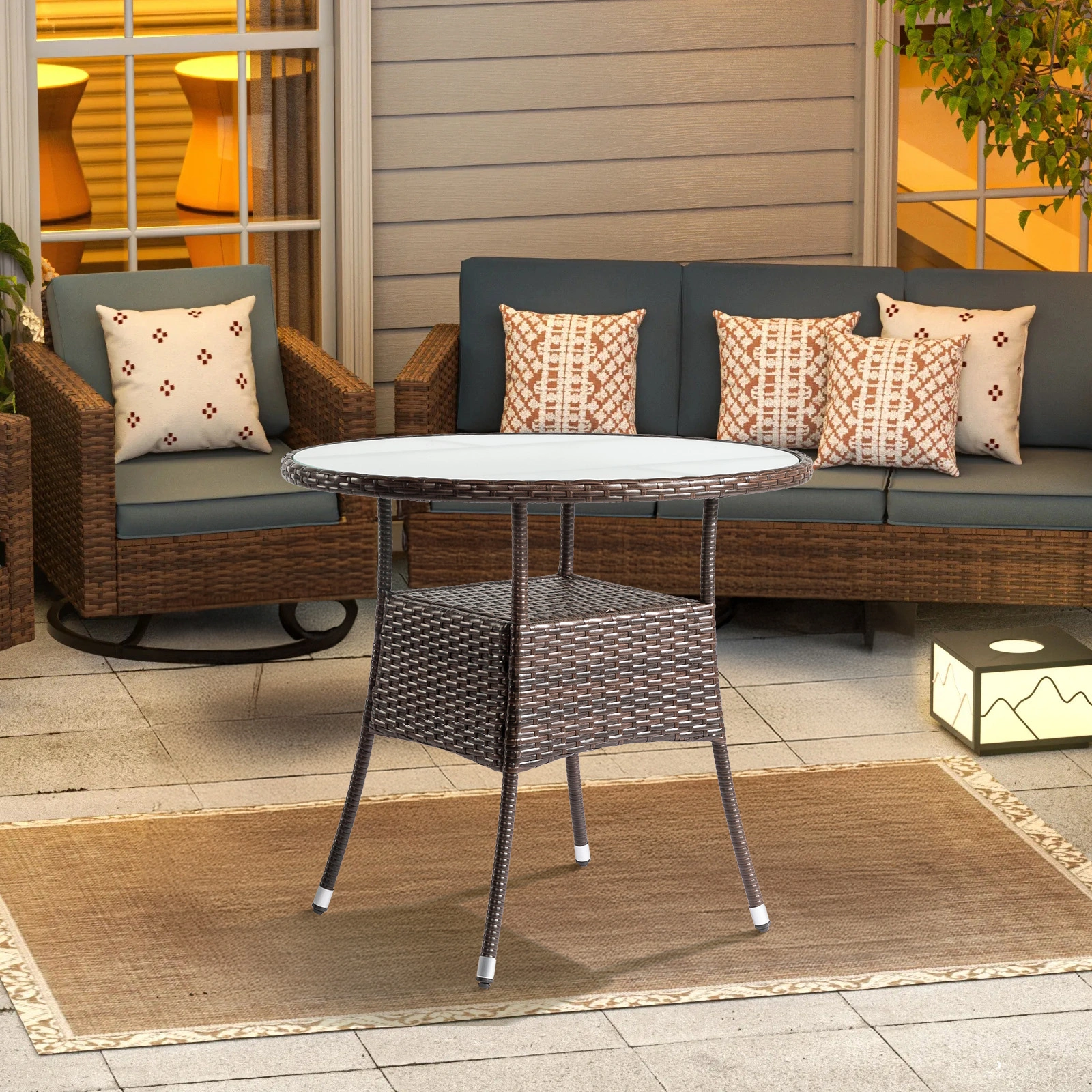 31.5" Patio Table for 4-Person, Outdoor Patio Wicker Round Dining Table, All-Weather Rattan Bistro Dining Table w/Glass Tabletop for Backyard Deck Porch Poolside, Brown view 7