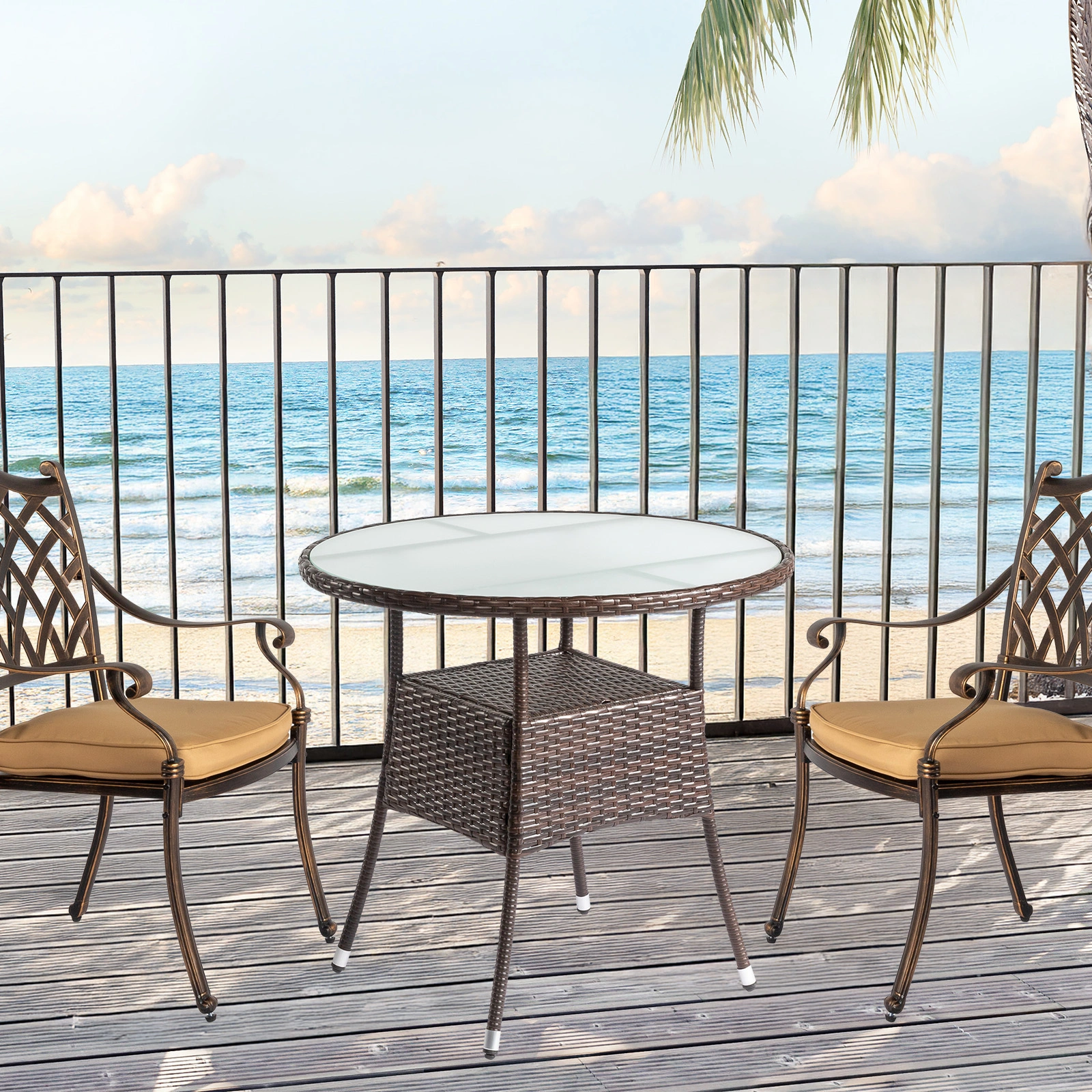 31.5" Patio Table for 4-Person, Outdoor Patio Wicker Round Dining Table, All-Weather Rattan Bistro Dining Table w/Glass Tabletop for Backyard Deck Porch Poolside, Brown view 8