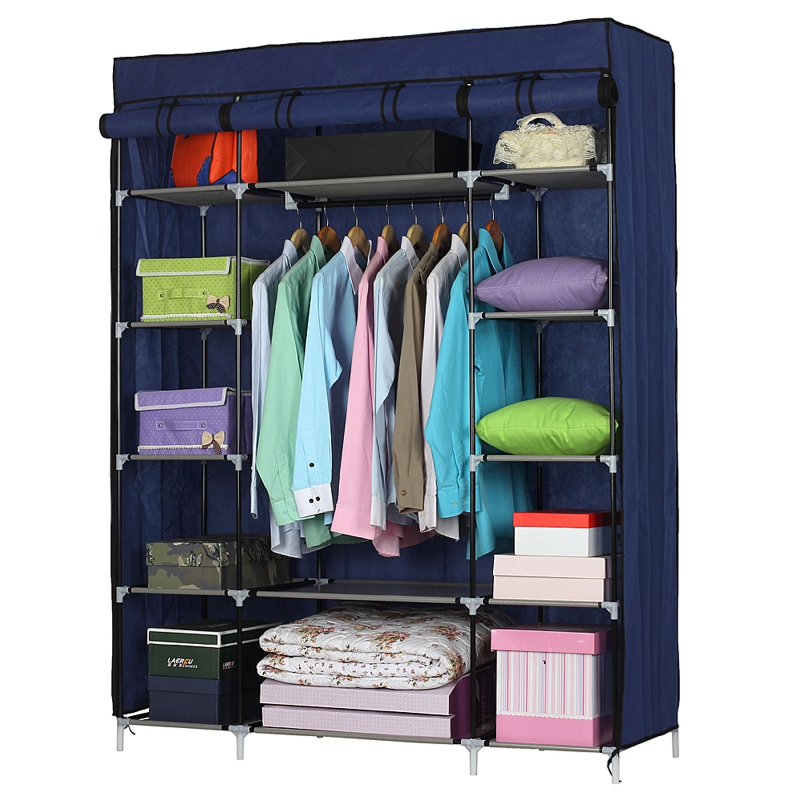 5-Layer Portable Wardrobe Closet, 12 Compartment Non-Woven Fabric Storage Cabinet, Navy, 133x46x170cm view 2