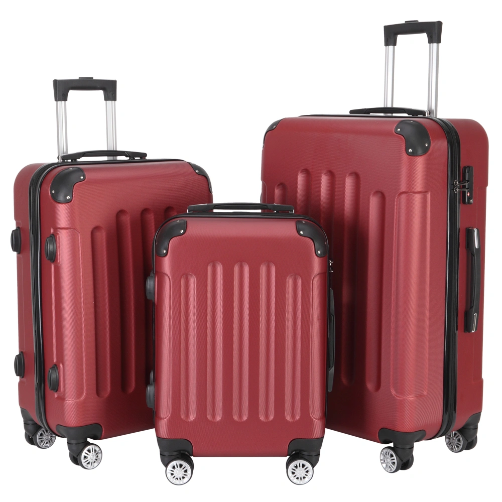 3-Piece ABS Luggage Set 20 24 28 Inch Spinner Suitcase Wine Red 3-in-1 Portable Travel Trolley Case