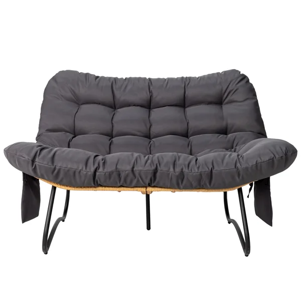 133×94×87cm 2-Seater Curved Wicker Loveseat with Magazine Pockets & Grey Cushion