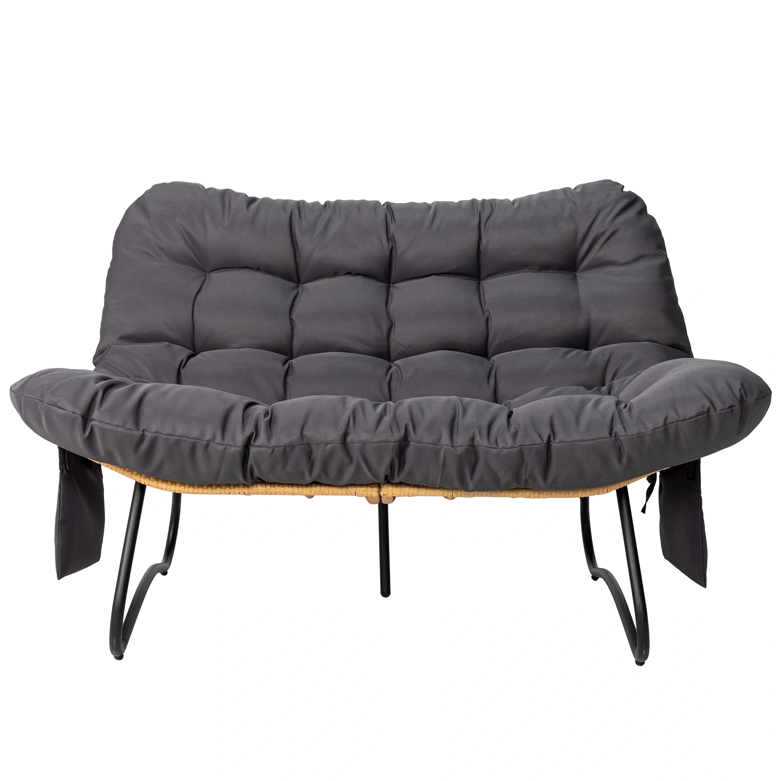 133×94×87cm 2-Seater Curved Wicker Loveseat with Magazine Pockets & Grey Cushion