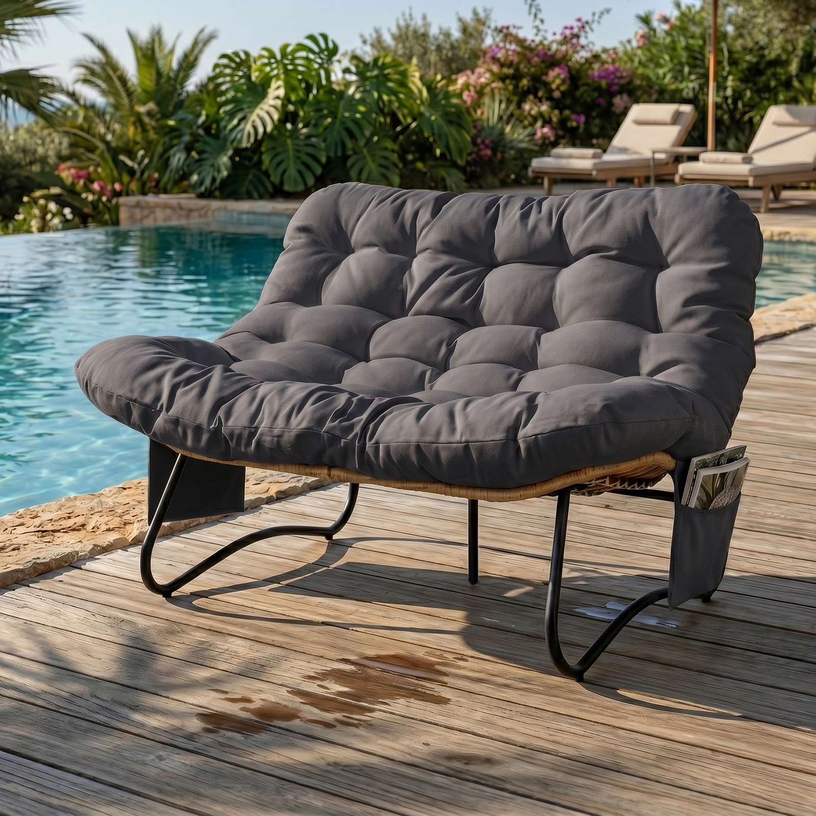 133×94×87cm 2-Seater Curved Wicker Loveseat with Magazine Pockets & Grey Cushion view 10