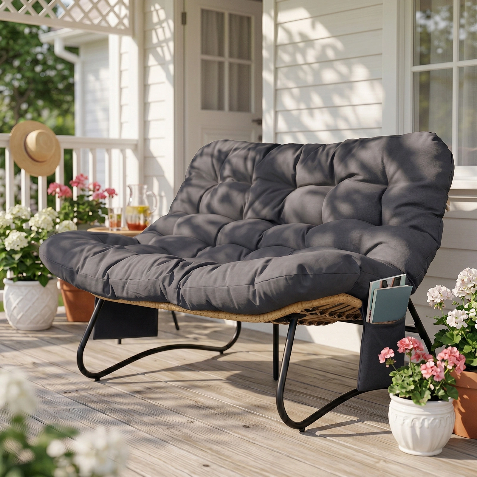 133×94×87cm 2-Seater Curved Wicker Loveseat with Magazine Pockets & Grey Cushion view 12