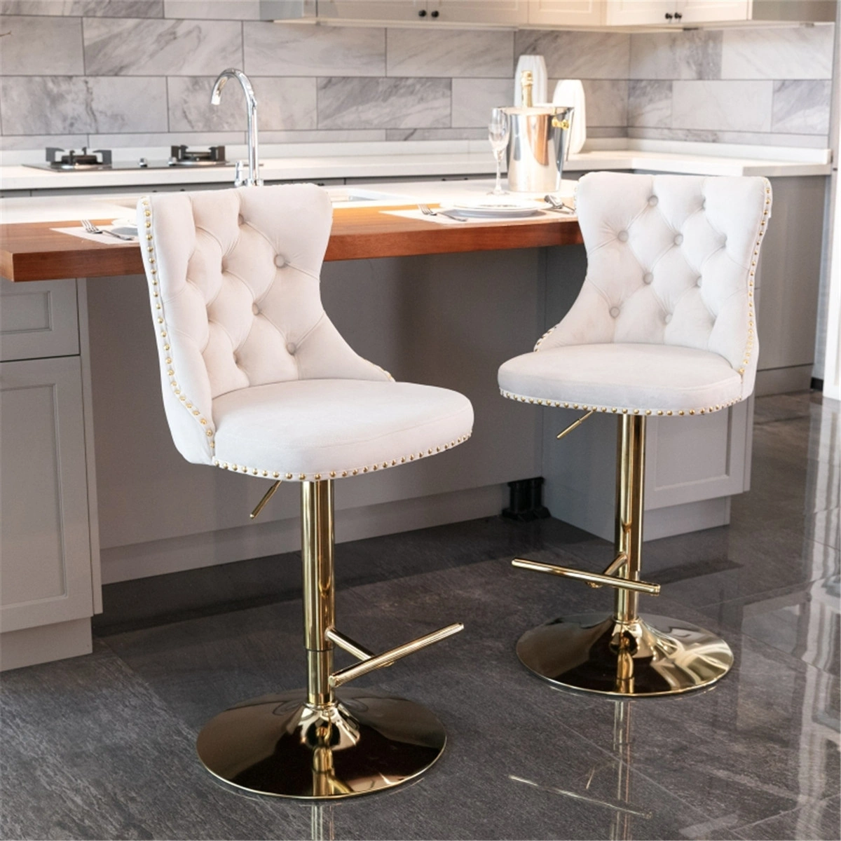 Contemporary Bar Stools Set of 2, Mid-Century Dining Chair with Metal Frame, Swivel Office Chair for Kitchen Island