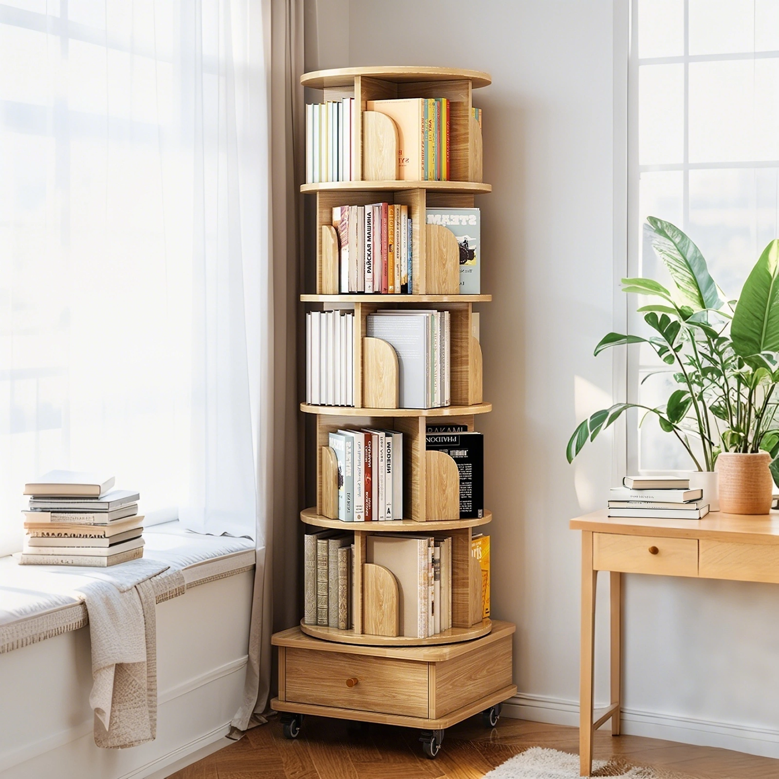 6 Tier Rotating Bookshelf 360° Spinning Round Display Shelf with Wheels & Drawer, Space Saving Book Tower for Bedroom Living Room Office, Wood Color