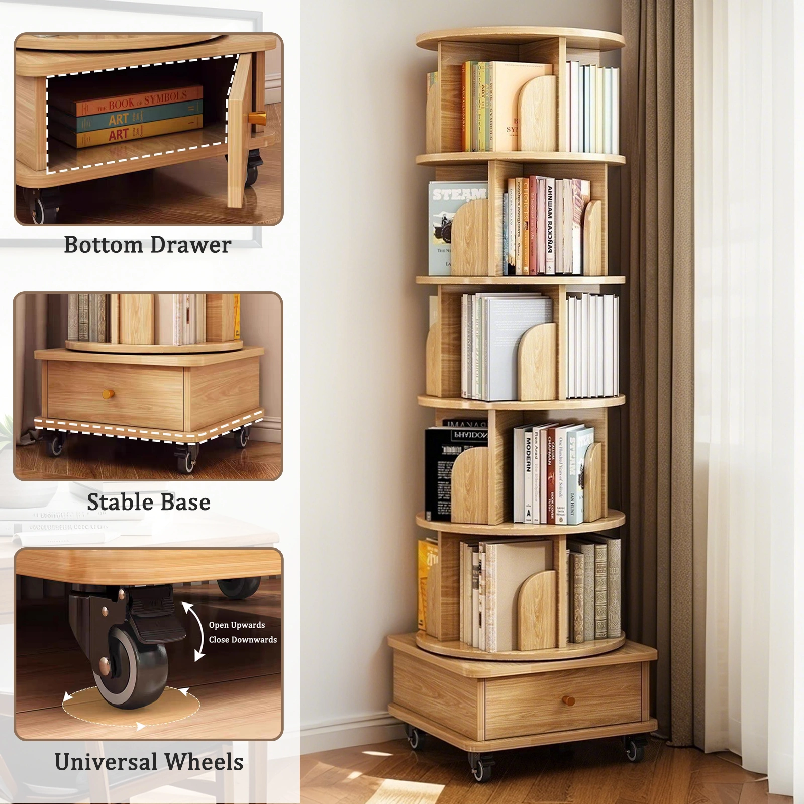 6 Tier Rotating Bookshelf 360° Spinning Round Display Shelf with Wheels & Drawer, Space Saving Book Tower for Bedroom Living Room Office, Wood Color view 10