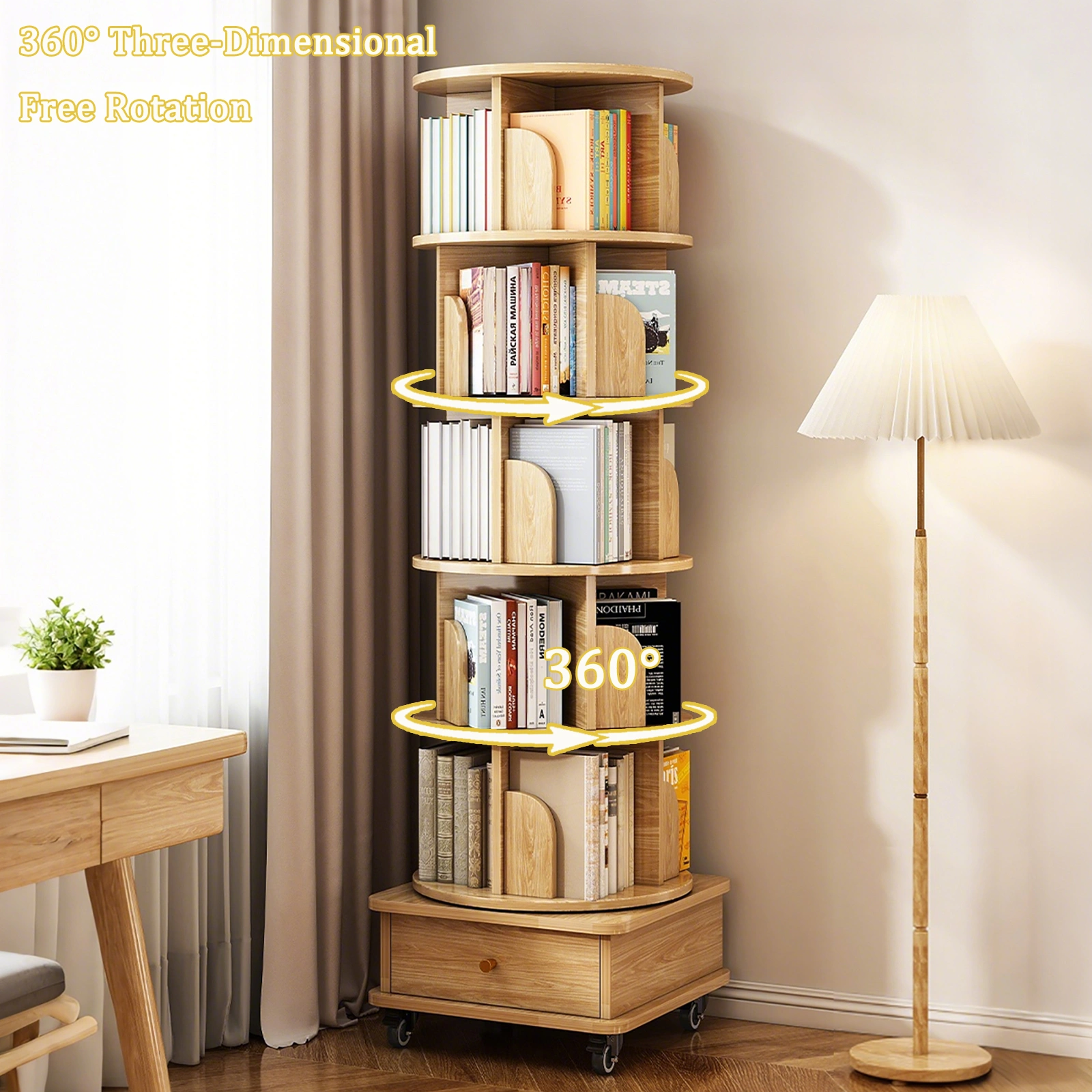 6 Tier Rotating Bookshelf 360° Spinning Round Display Shelf with Wheels & Drawer, Space Saving Book Tower for Bedroom Living Room Office, Wood Color view 11
