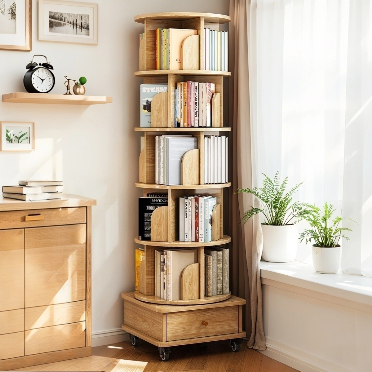 6 Tier Rotating Bookshelf 360° Spinning Round Display Shelf with Wheels & Drawer, Space Saving Book Tower for Bedroom Living Room Office, Wood Color view 2