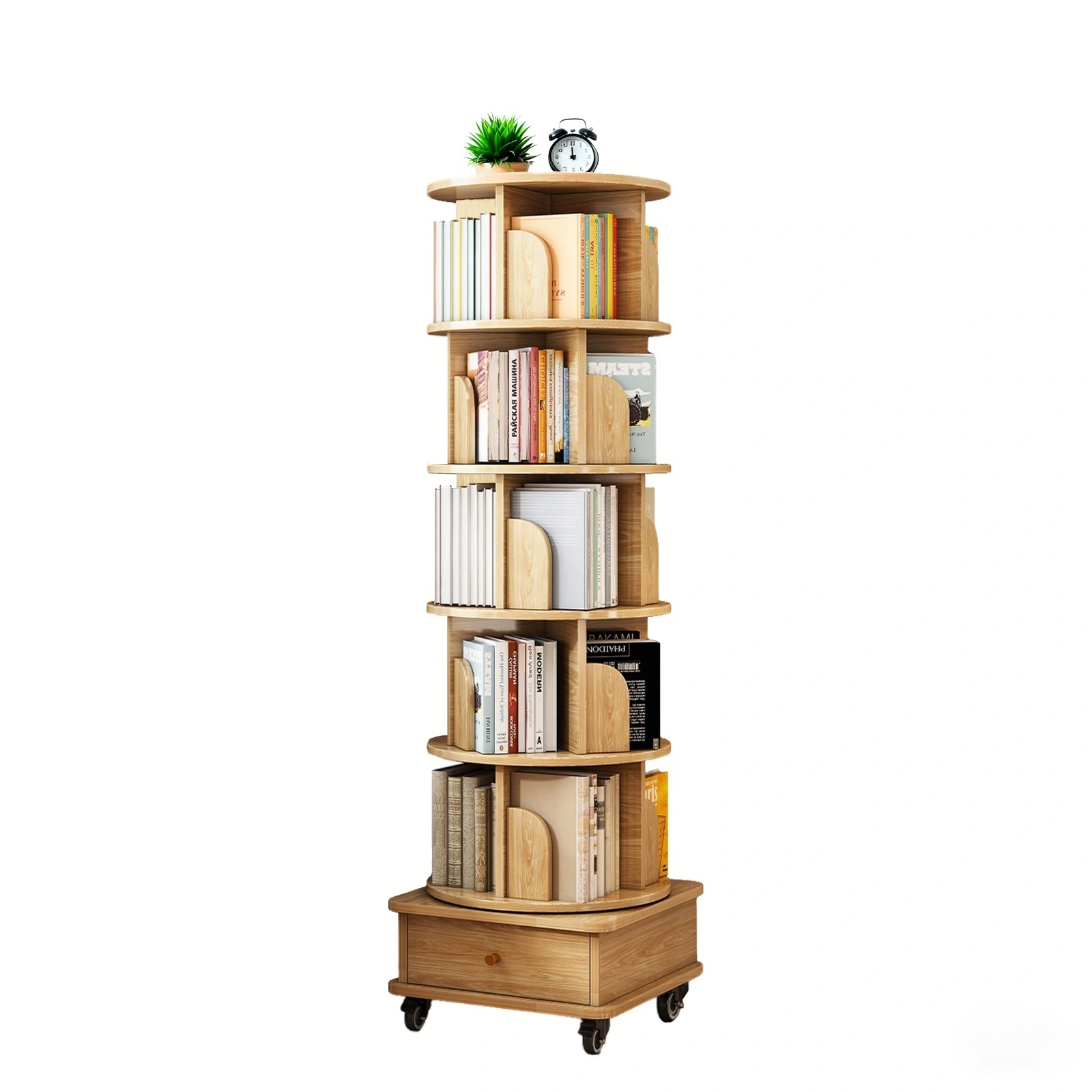 6 Tier Rotating Bookshelf 360° Spinning Round Display Shelf with Wheels & Drawer, Space Saving Book Tower for Bedroom Living Room Office, Wood Color view 4