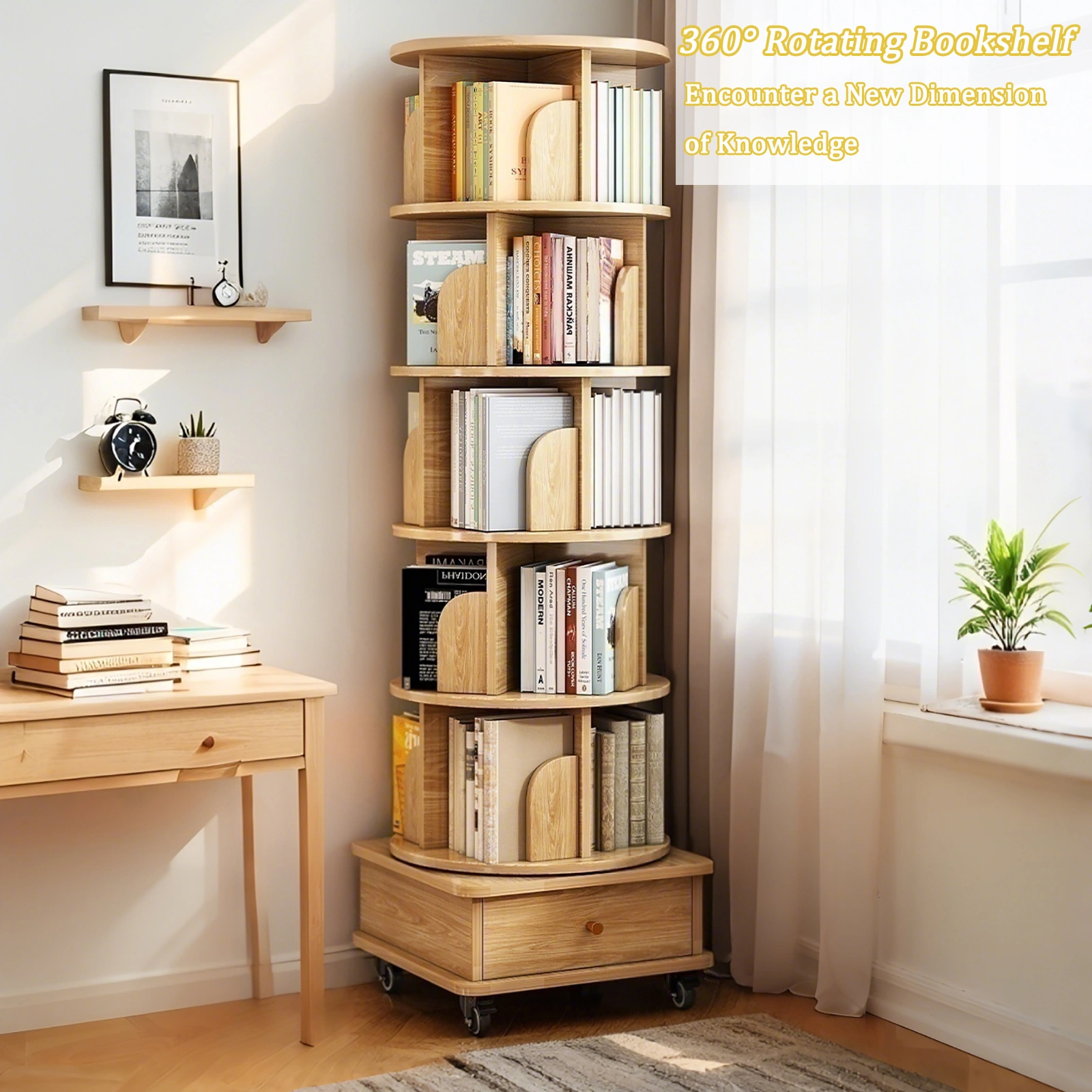 6 Tier Rotating Bookshelf 360° Spinning Round Display Shelf with Wheels & Drawer, Space Saving Book Tower for Bedroom Living Room Office, Wood Color view 5