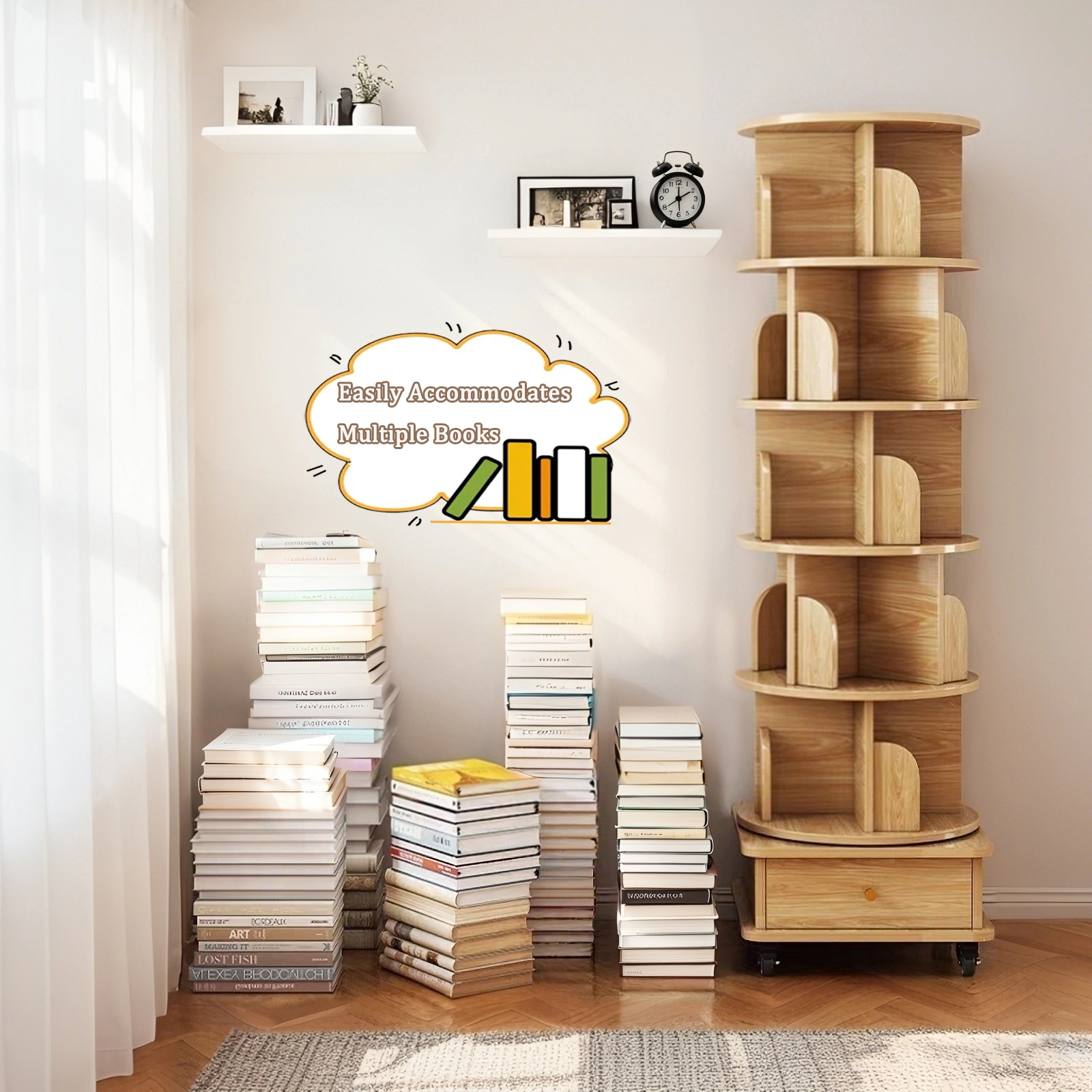 6 Tier Rotating Bookshelf 360° Spinning Round Display Shelf with Wheels & Drawer, Space Saving Book Tower for Bedroom Living Room Office, Wood Color view 6