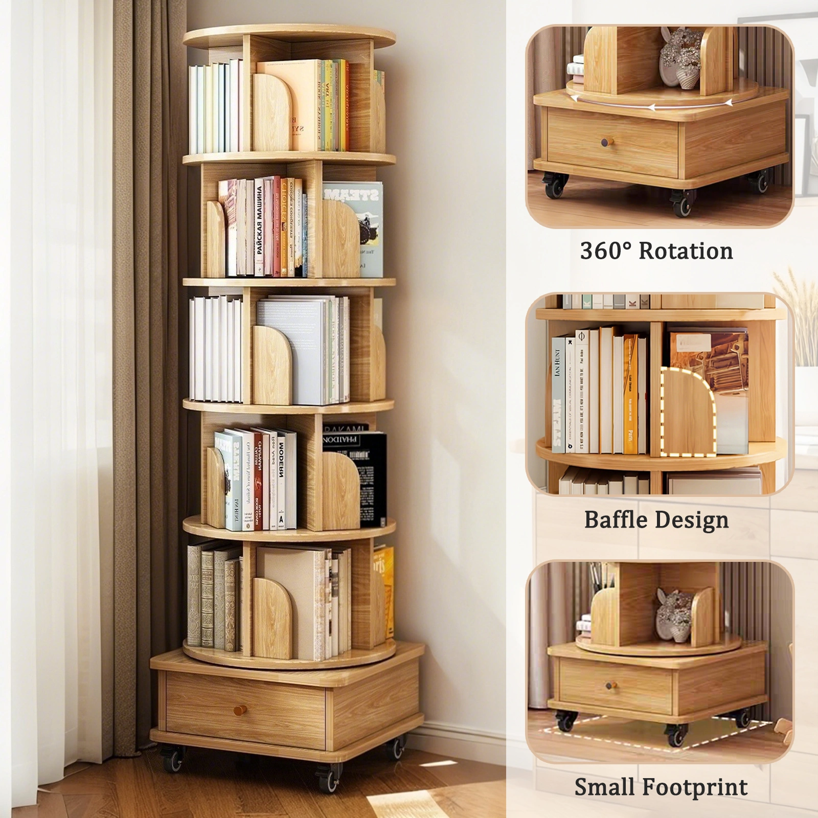 6 Tier Rotating Bookshelf 360° Spinning Round Display Shelf with Wheels & Drawer, Space Saving Book Tower for Bedroom Living Room Office, Wood Color view 8
