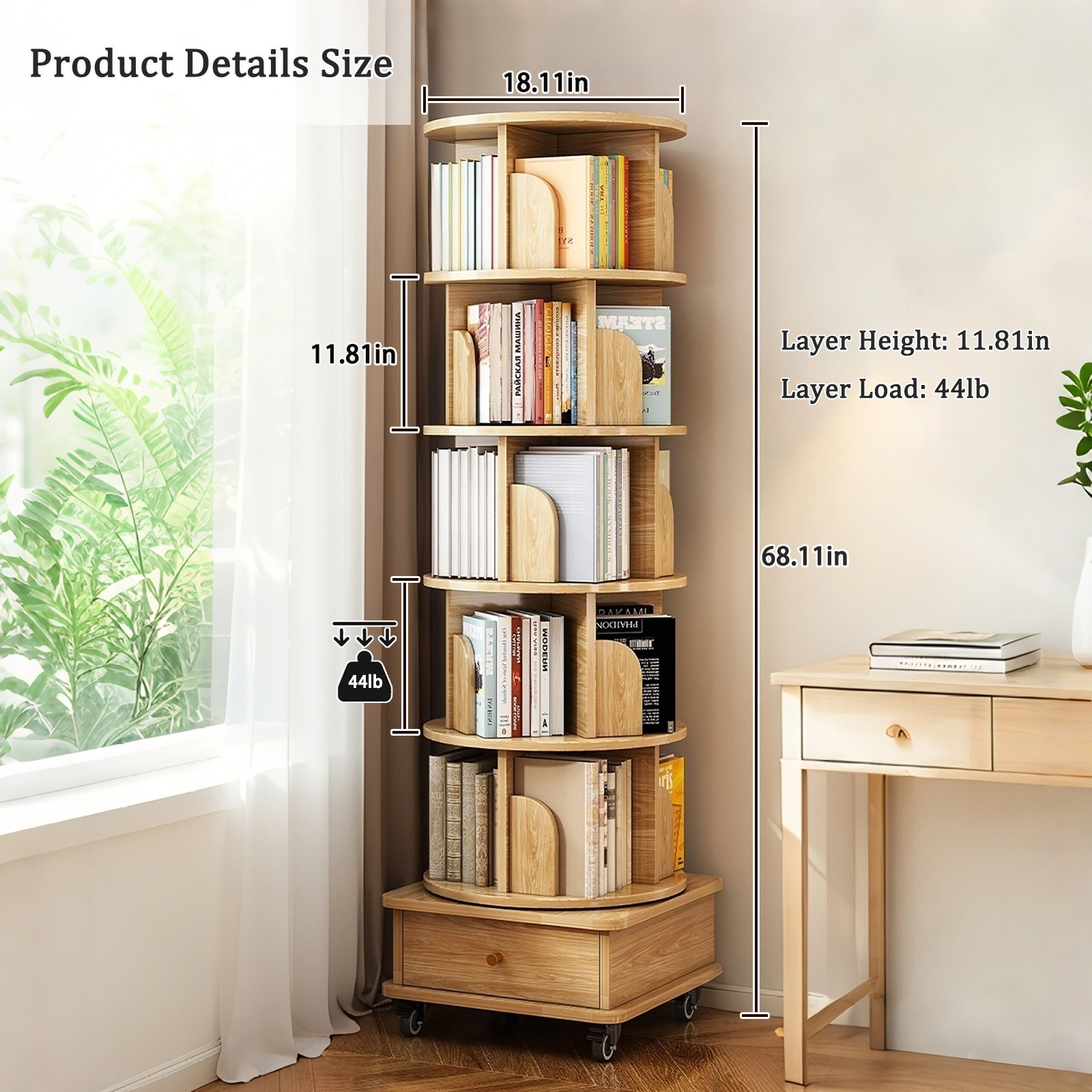 6 Tier Rotating Bookshelf 360° Spinning Round Display Shelf with Wheels & Drawer, Space Saving Book Tower for Bedroom Living Room Office, Wood Color view 9
