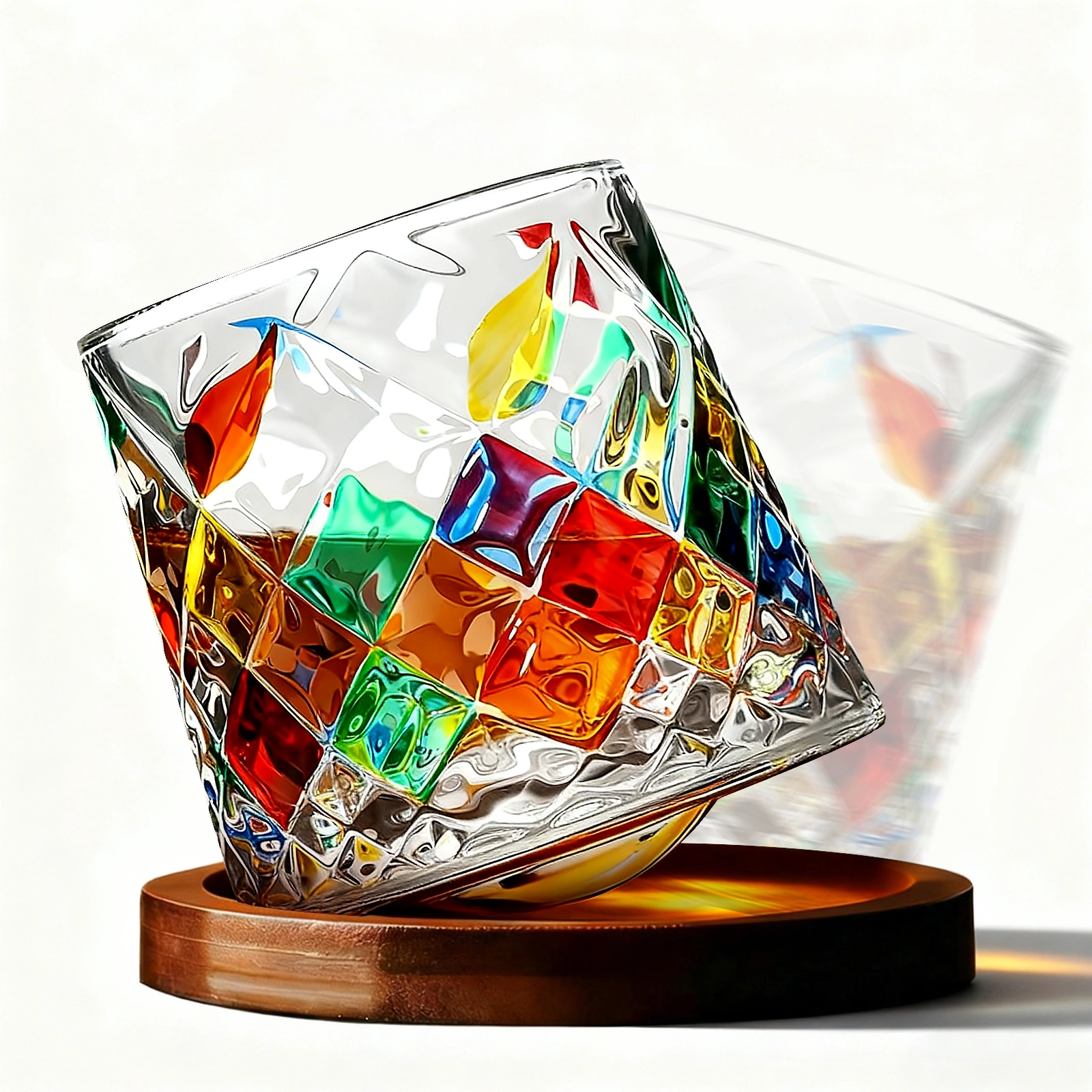 Rainbow Diamond Pattern Whisky Glasses Set of 4, 275ml Engraved Rocks Glasses for Bourbon, Rum, Gin, Cocktails & Spirits