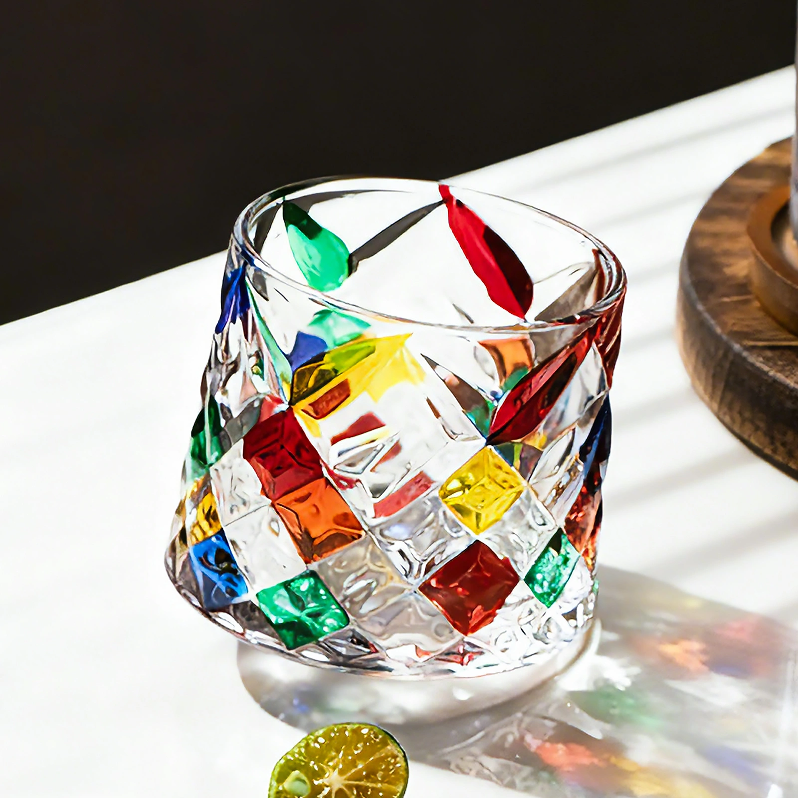 Rainbow Diamond Pattern Whisky Glasses Set of 4, 275ml Engraved Rocks Glasses for Bourbon, Rum, Gin, Cocktails & Spirits view 2