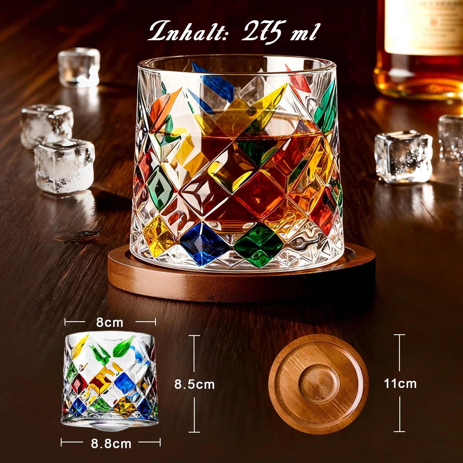 Rainbow Diamond Pattern Whisky Glasses Set of 4, 275ml Engraved Rocks Glasses for Bourbon, Rum, Gin, Cocktails & Spirits view 5