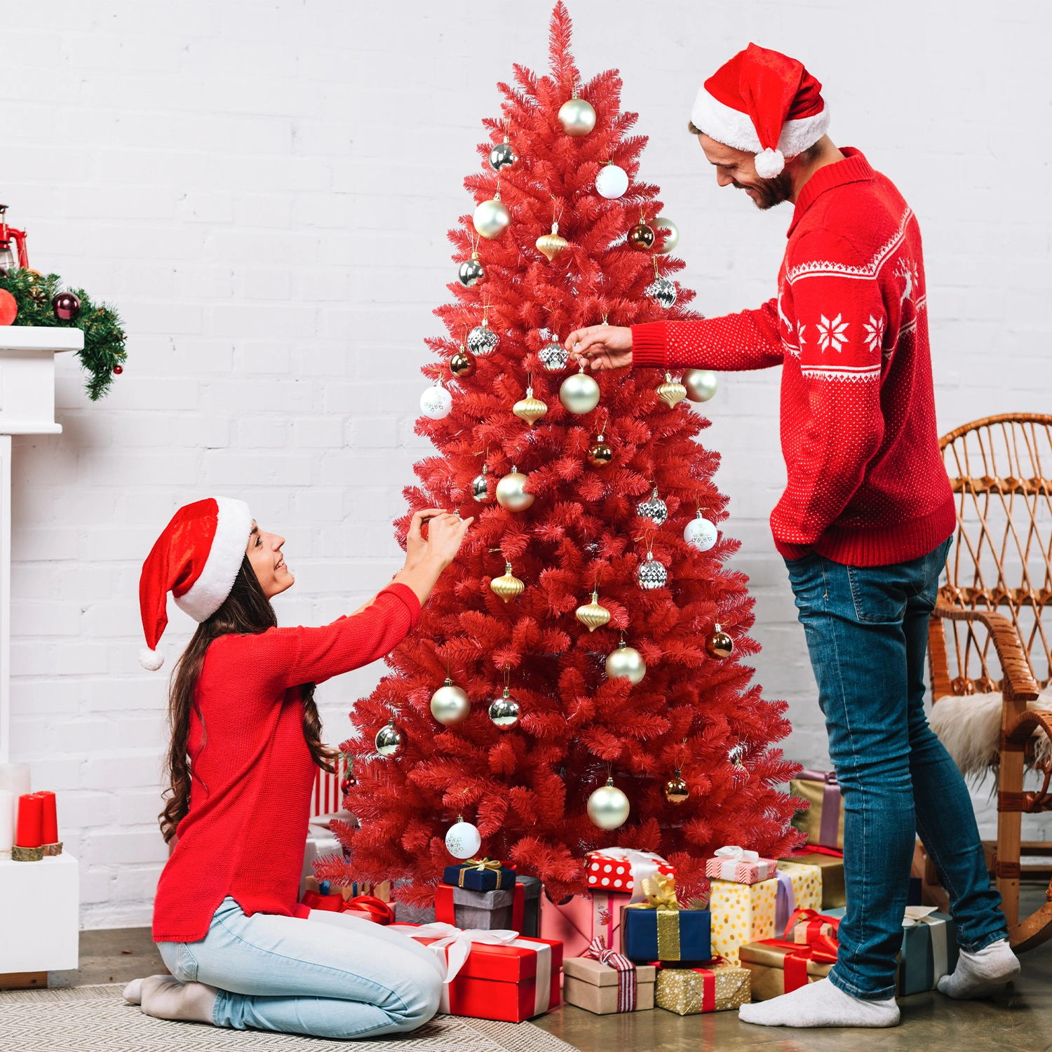 5FT Red Christmas Tree, Pure Red PVC with 624 Tips, Hinged Branches, Stable Metal Stand, Bold Holiday Decor for Home & Office