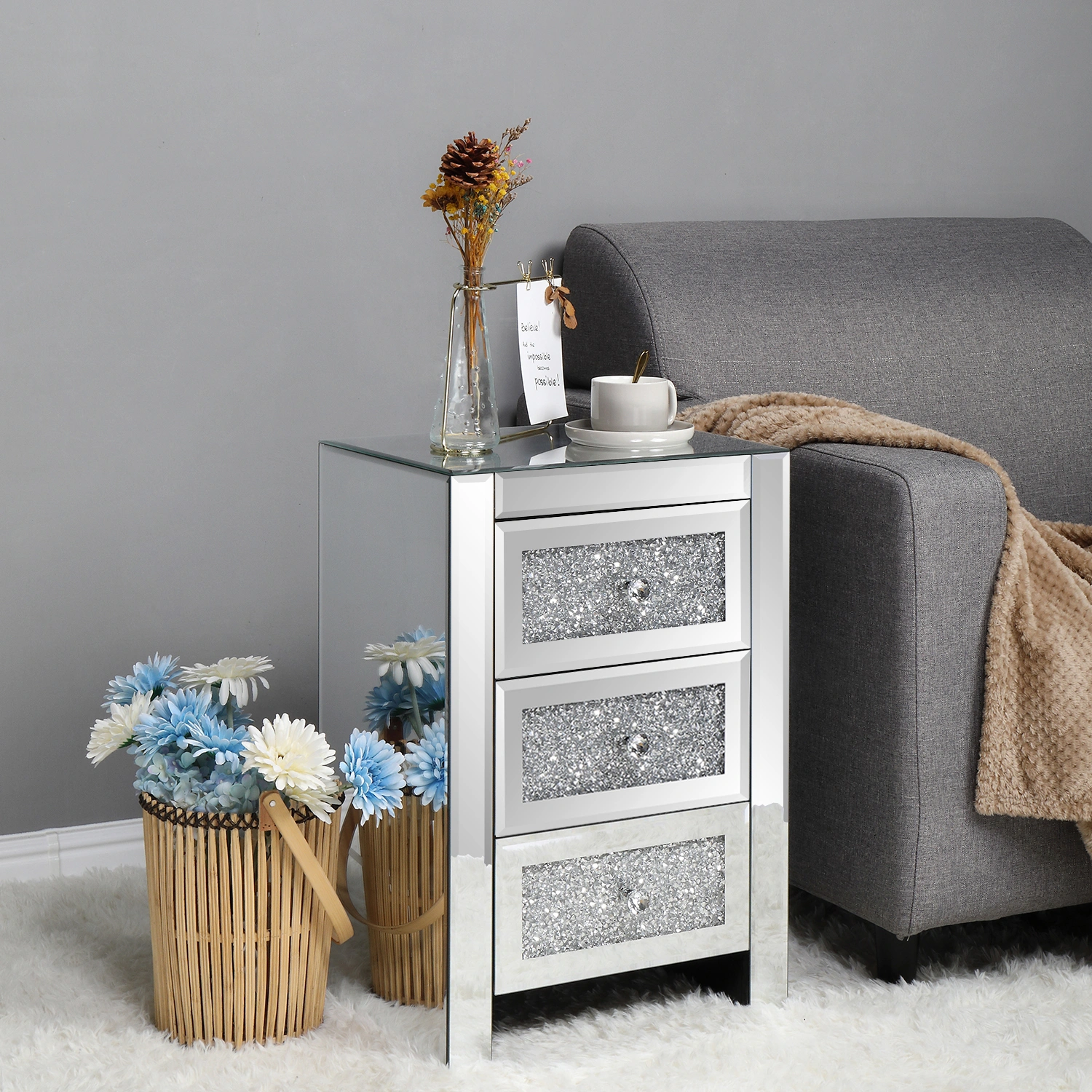 Modern Silver Mirror Nightstand, Broken Glass Design Bedside Table, 3 Drawers, MDF Construction, 40x30x60cm