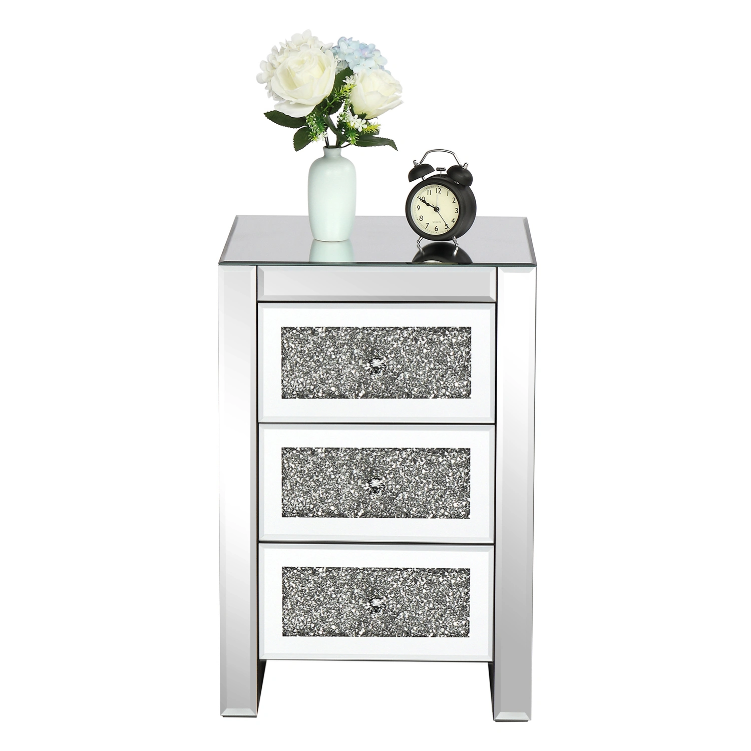Modern Silver Mirror Nightstand, Broken Glass Design Bedside Table, 3 Drawers, MDF Construction, 40x30x60cm view 3