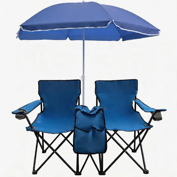 Portable Double Folding Beach Chair Set with Umbrella, 2-Person Outdoor Camping Chair with Cup Holders, Foldable Patio Chair for Picnic, Backyard, Travel, Blue view 4