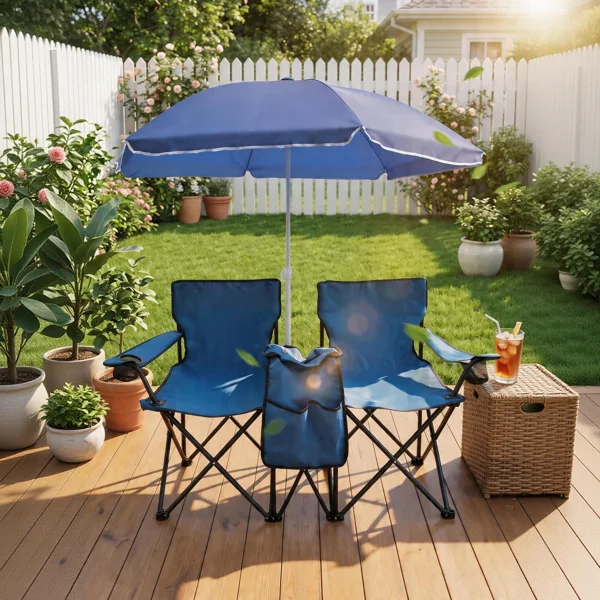 Portable Double Folding Beach Chair Set with Umbrella, 2-Person Outdoor Camping Chair with Cup Holders, Foldable Patio Chair for Picnic, Backyard, Travel, Blue view 5