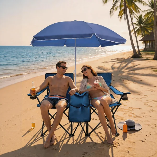 Portable Double Folding Beach Chair Set with Umbrella, 2-Person Outdoor Camping Chair with Cup Holders, Foldable Patio Chair for Picnic, Backyard, Travel, Blue view 6