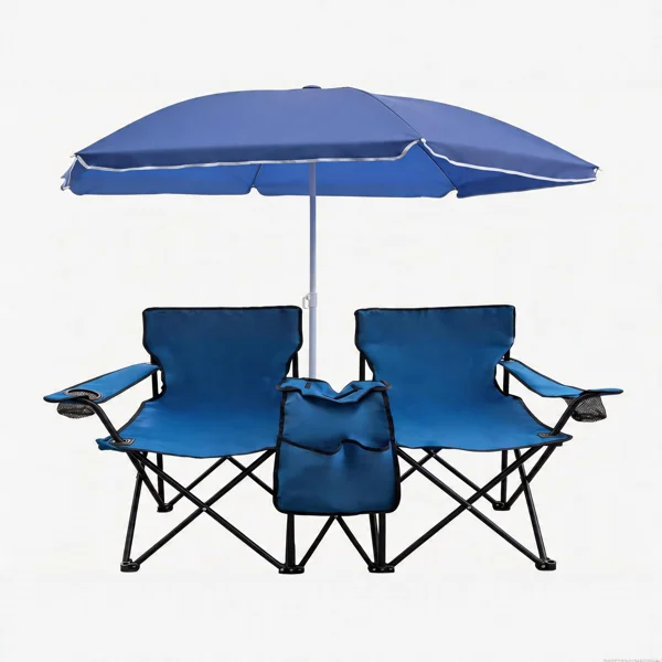 Portable Double Folding Beach Chair Set with Umbrella, 2-Person Outdoor Camping Chair with Cup Holders, Foldable Patio Chair for Picnic, Backyard, Travel, Blue