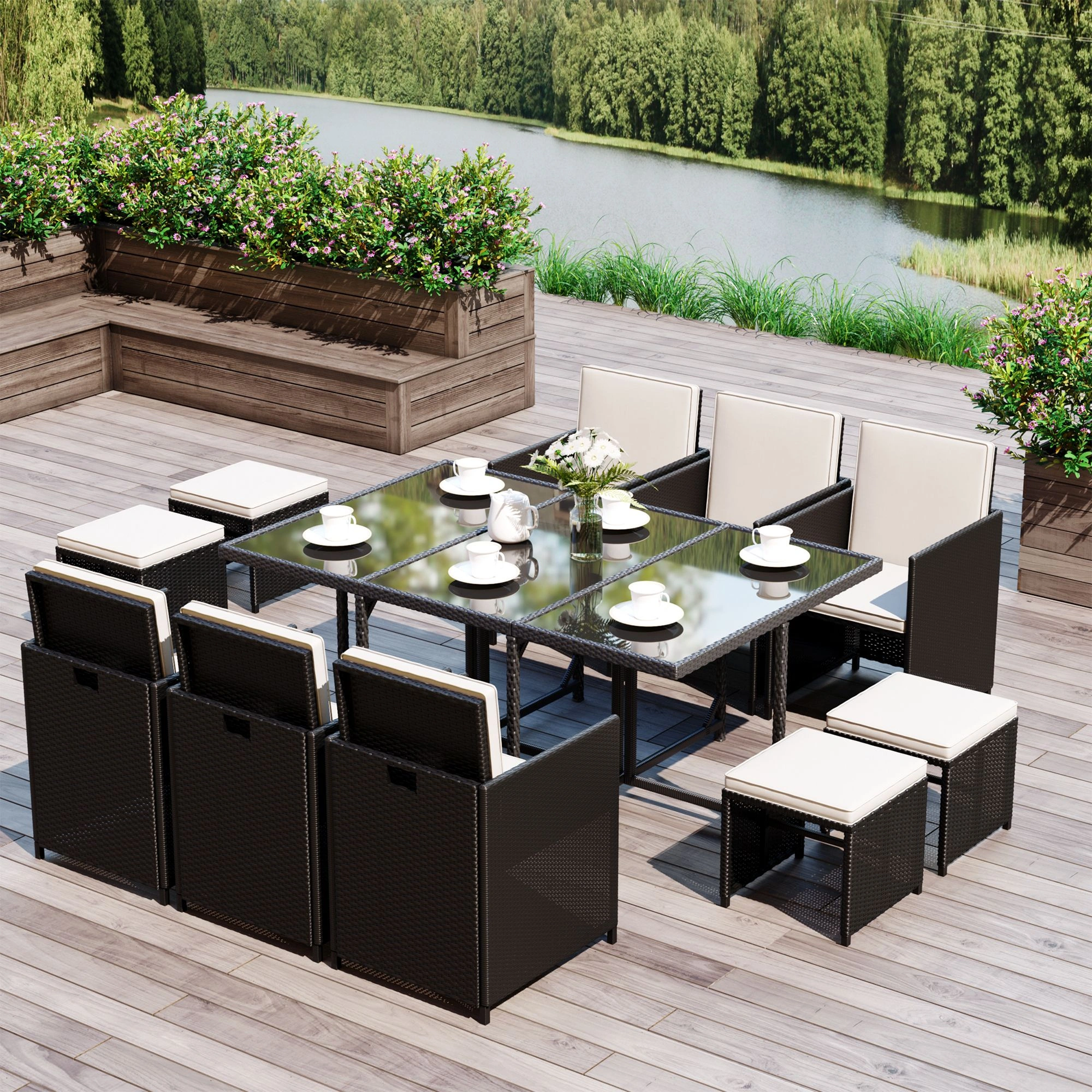 6-Piece Patio Furniture Set Outdoor PE Rattan Wicker Sectional Sofa with Ottoman Beige