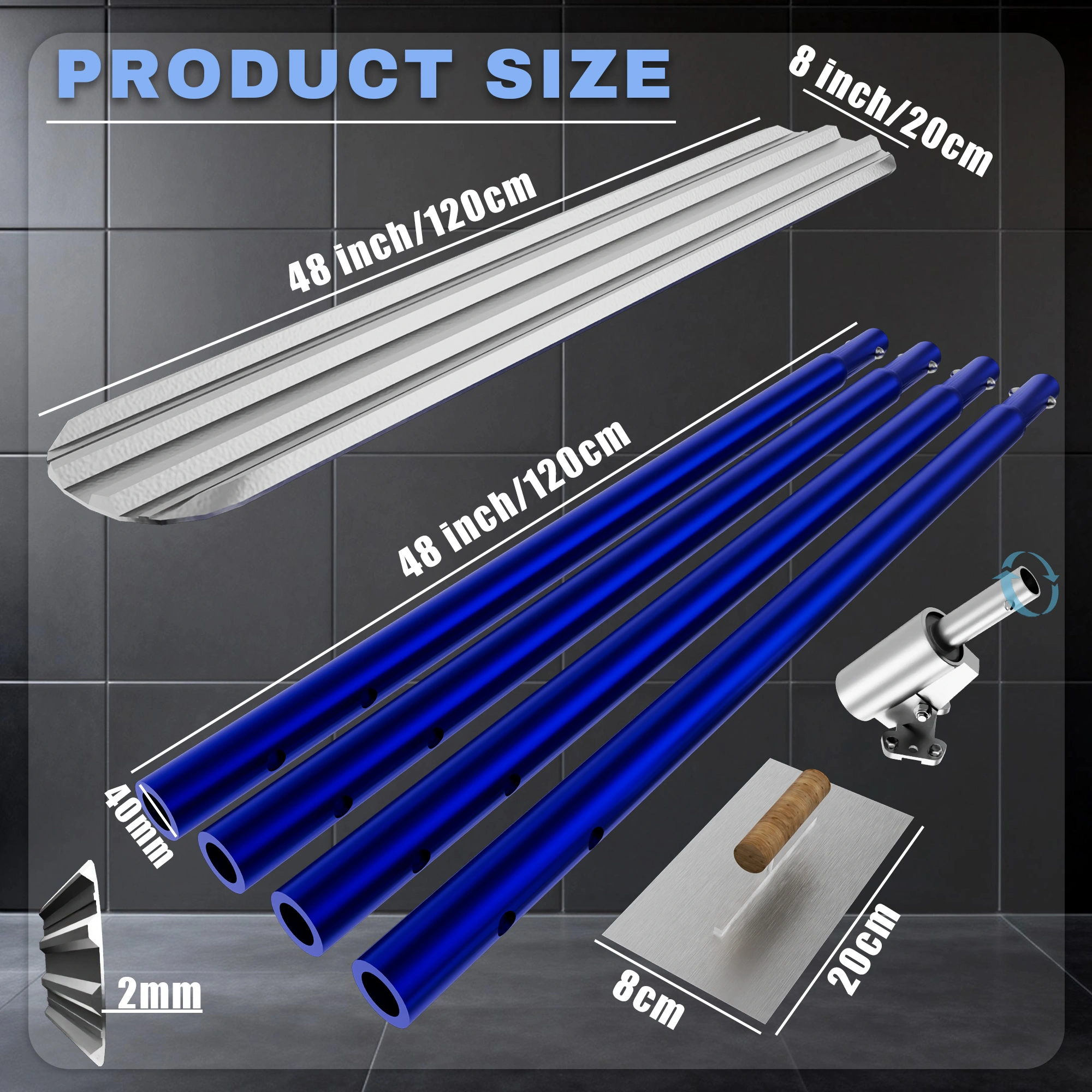 48"x8" Concrete Bull Float with Trowel, Aluminium Alloy Finishing Tool, Adjustable Bracket & 4 Handles, Professional Concrete Smoothing for Construction Flooring view 3