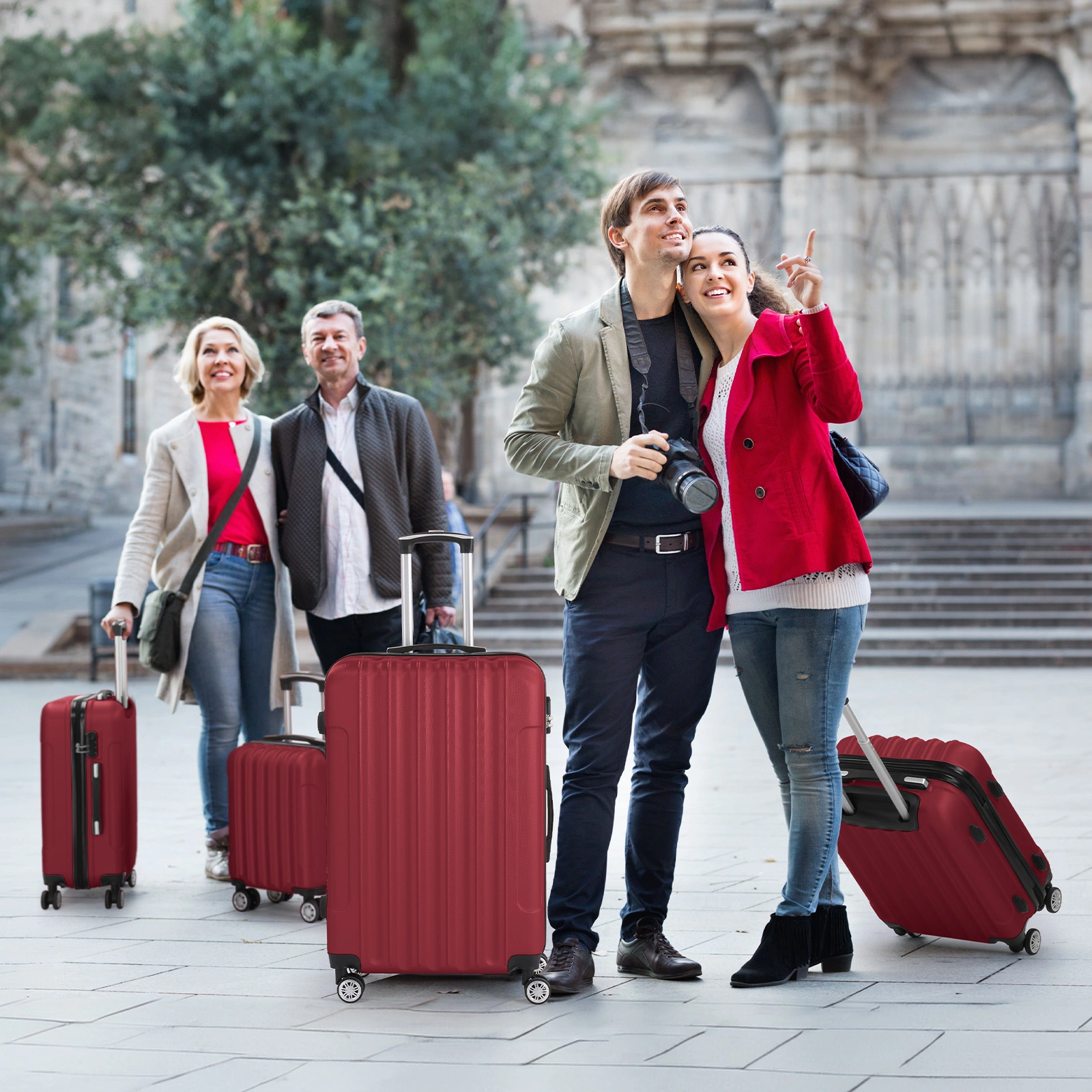 4-Piece Hard Shell ABS Suitcase Set, Telescopic Handle Trolley Luggage, Wine Red Travel Spinner Set view 3