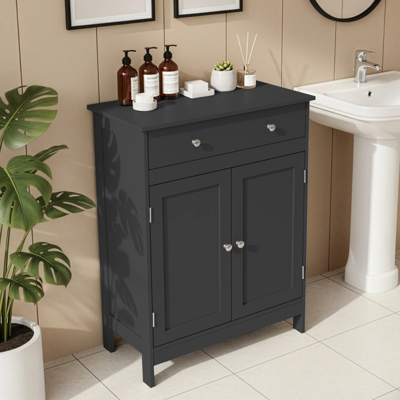 Black particleboard with melamine veneer, 60*30*80cm, double doors, single drawer, bathroom vanity view 10