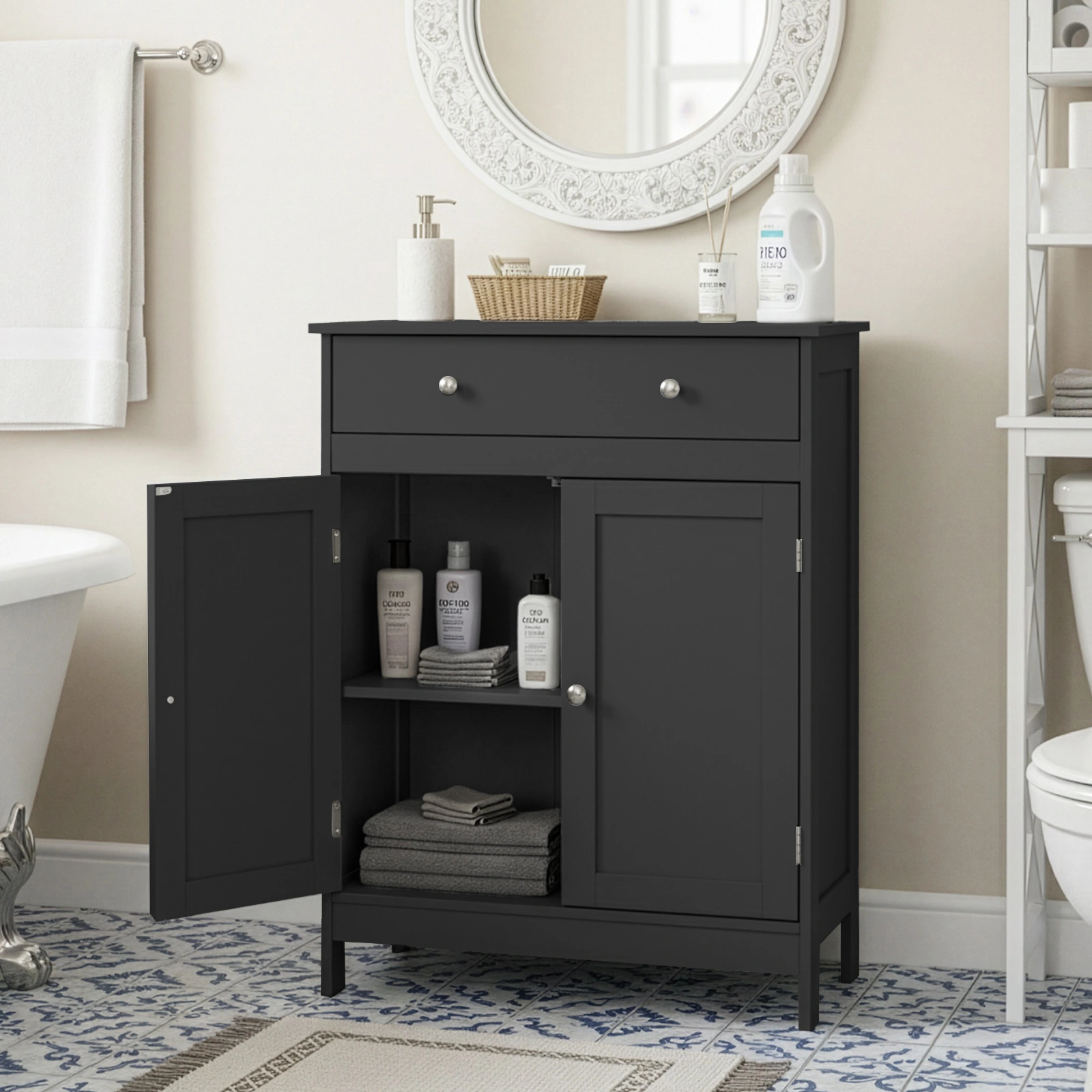 Black particleboard with melamine veneer, 60*30*80cm, double doors, single drawer, bathroom vanity view 9