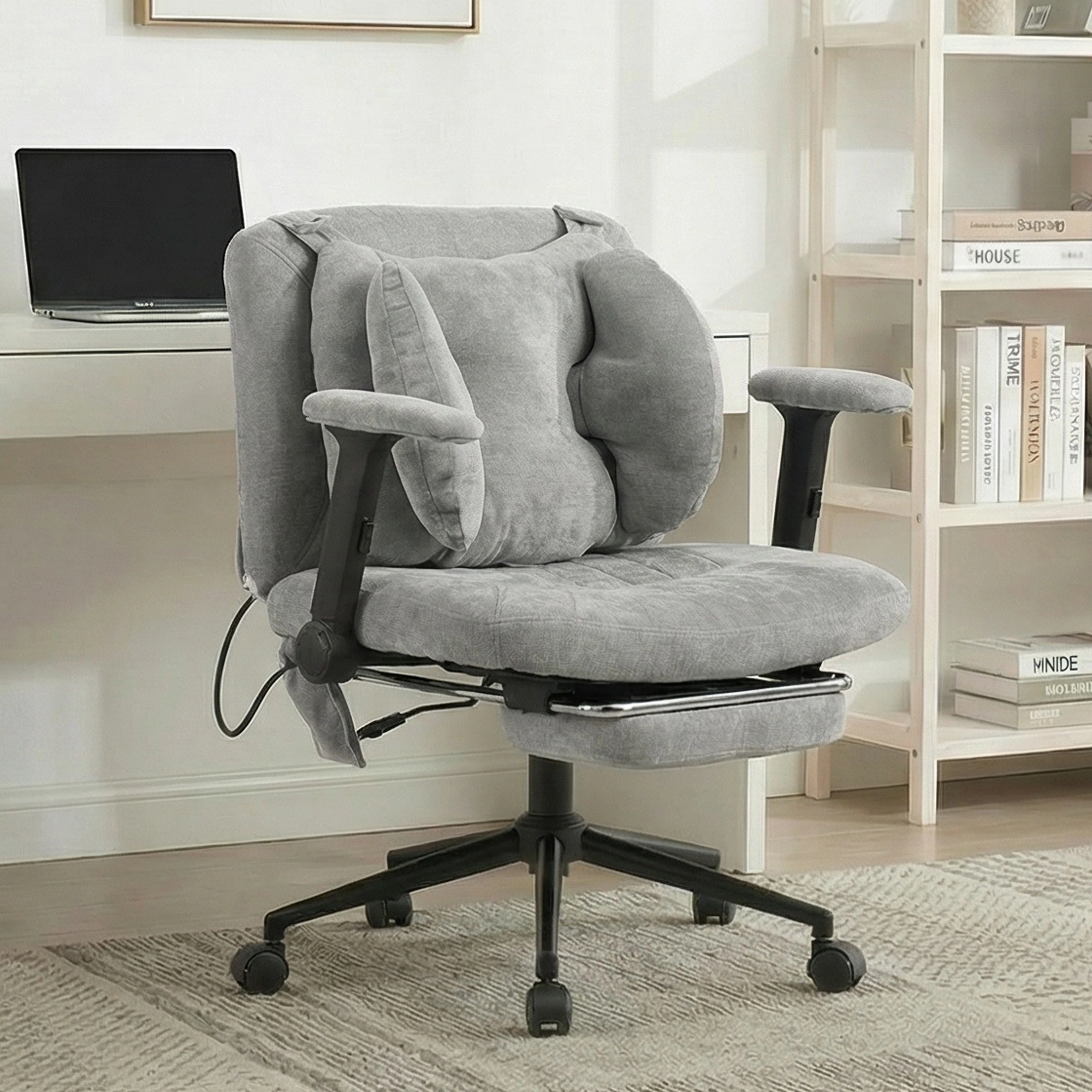 Gaming Office Chair with Footrest, Height Adjustable Swivel Desk Chair with Armrests & Casters, Grey