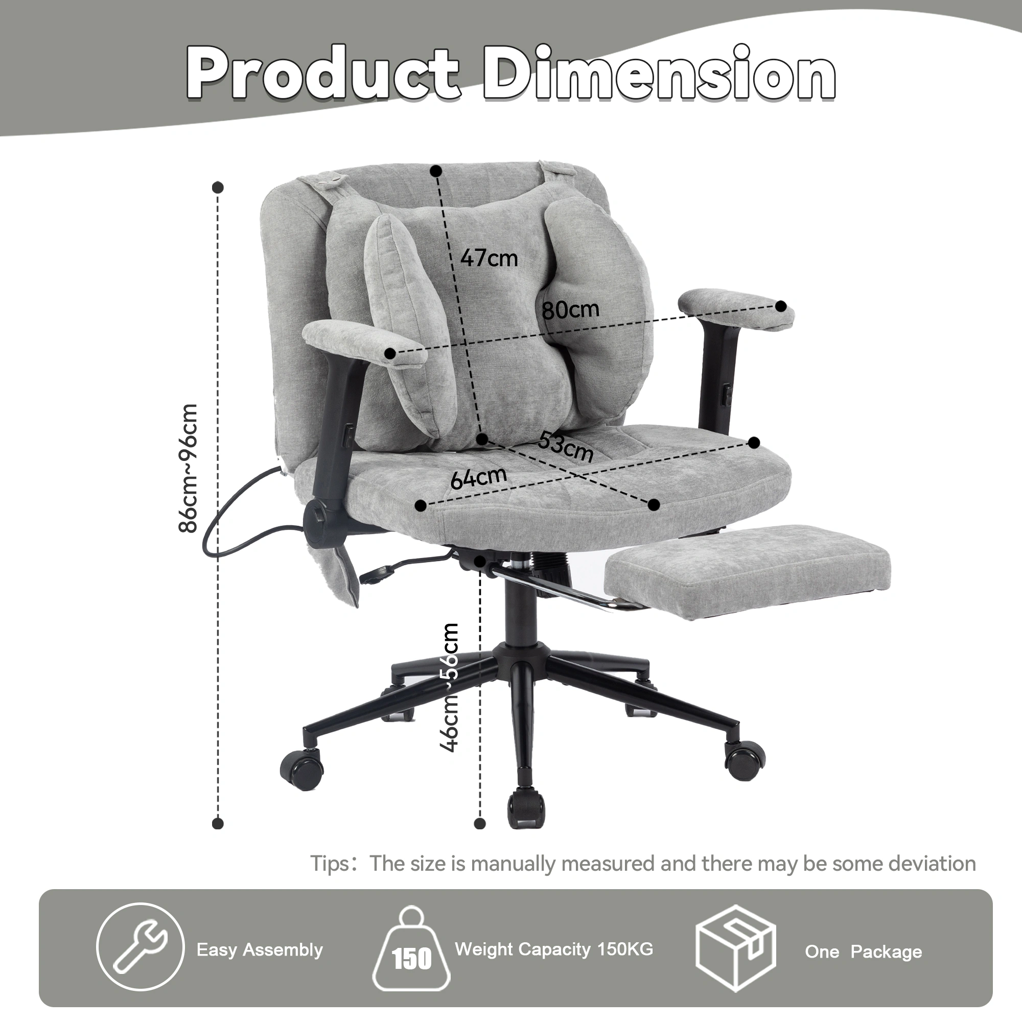 Gaming Office Chair with Footrest, Height Adjustable Swivel Desk Chair with Armrests & Casters, Grey view 3