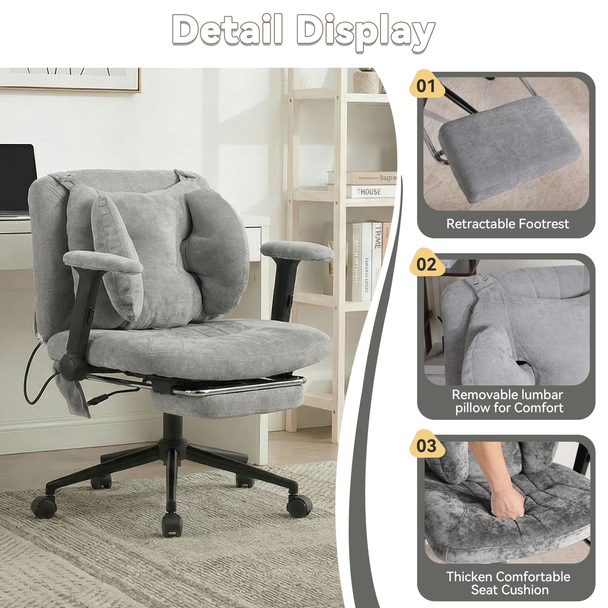 Gaming Office Chair with Footrest, Height Adjustable Swivel Desk Chair with Armrests & Casters, Grey view 5