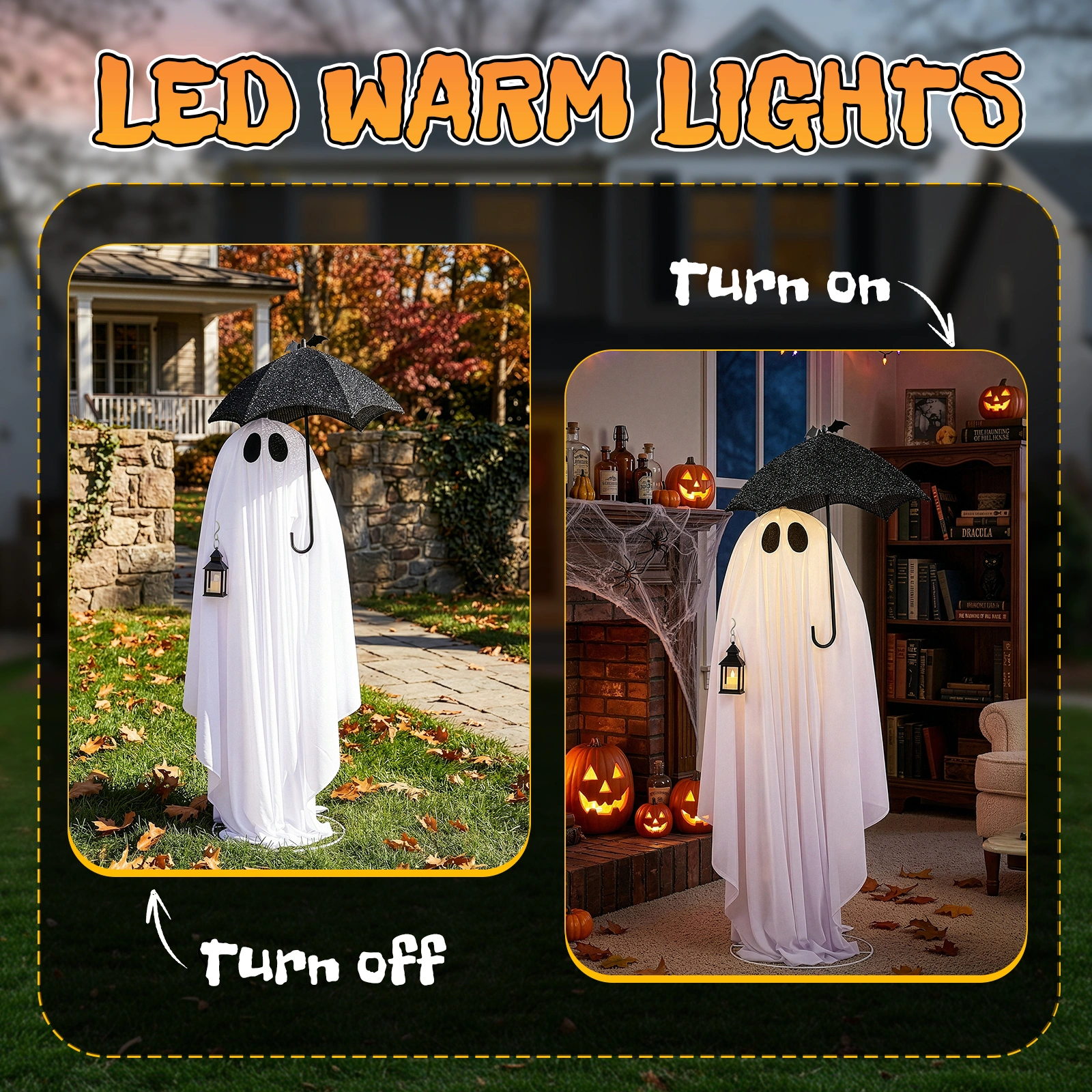 5ft Black & White LED Ghost Halloween Decoration - Umbrella Ghost with 100 Warm White Lights, 30V 3.6W Adapter, Spooky Yard Prop view 10