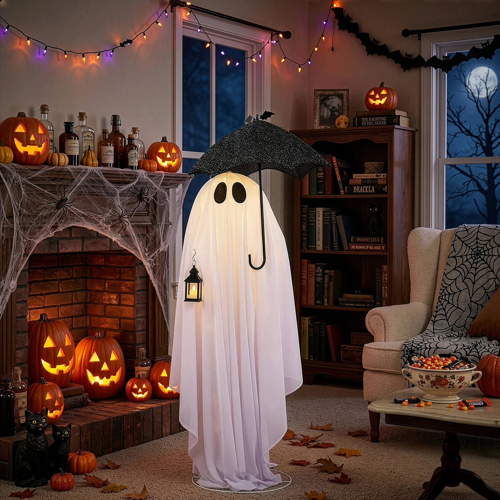 5ft Black & White LED Ghost Halloween Decoration - Umbrella Ghost with 100 Warm White Lights, 30V 3.6W Adapter, Spooky Yard Prop view 11