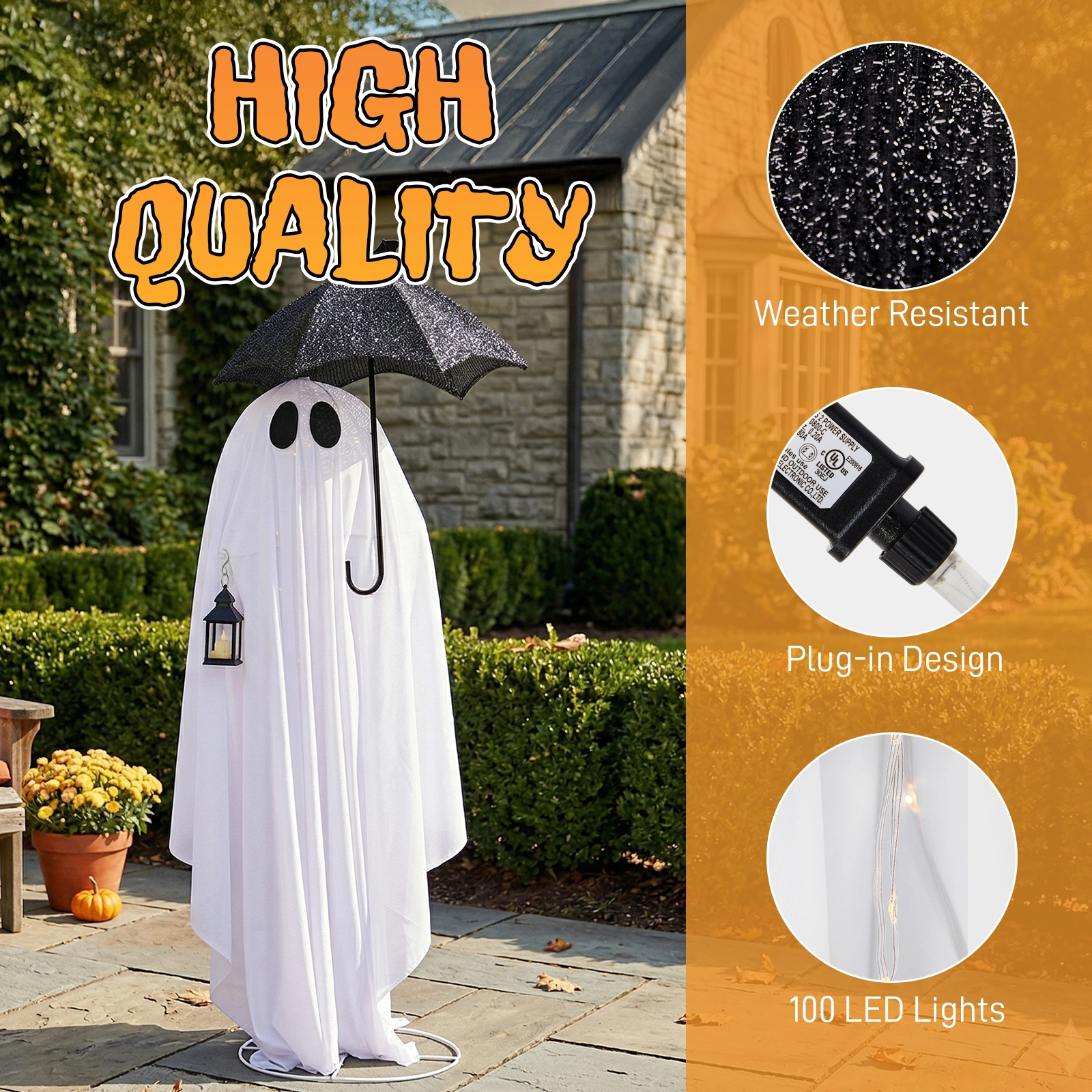 5ft Black & White LED Ghost Halloween Decoration - Umbrella Ghost with 100 Warm White Lights, 30V 3.6W Adapter, Spooky Yard Prop view 13